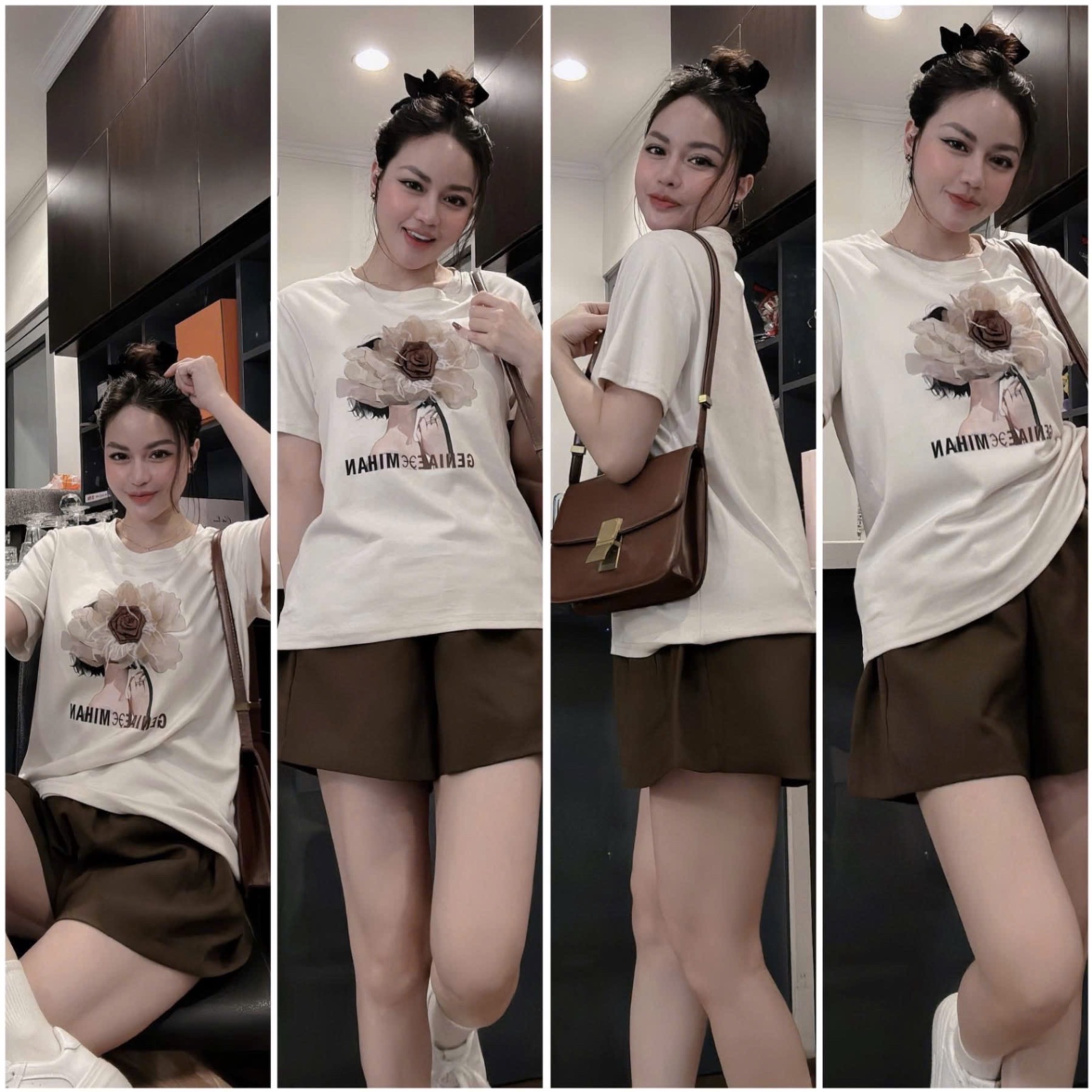 S039 - BỘ ĐÙI NỮ ÁO BE HOA GENIAE QUẦN NÂU