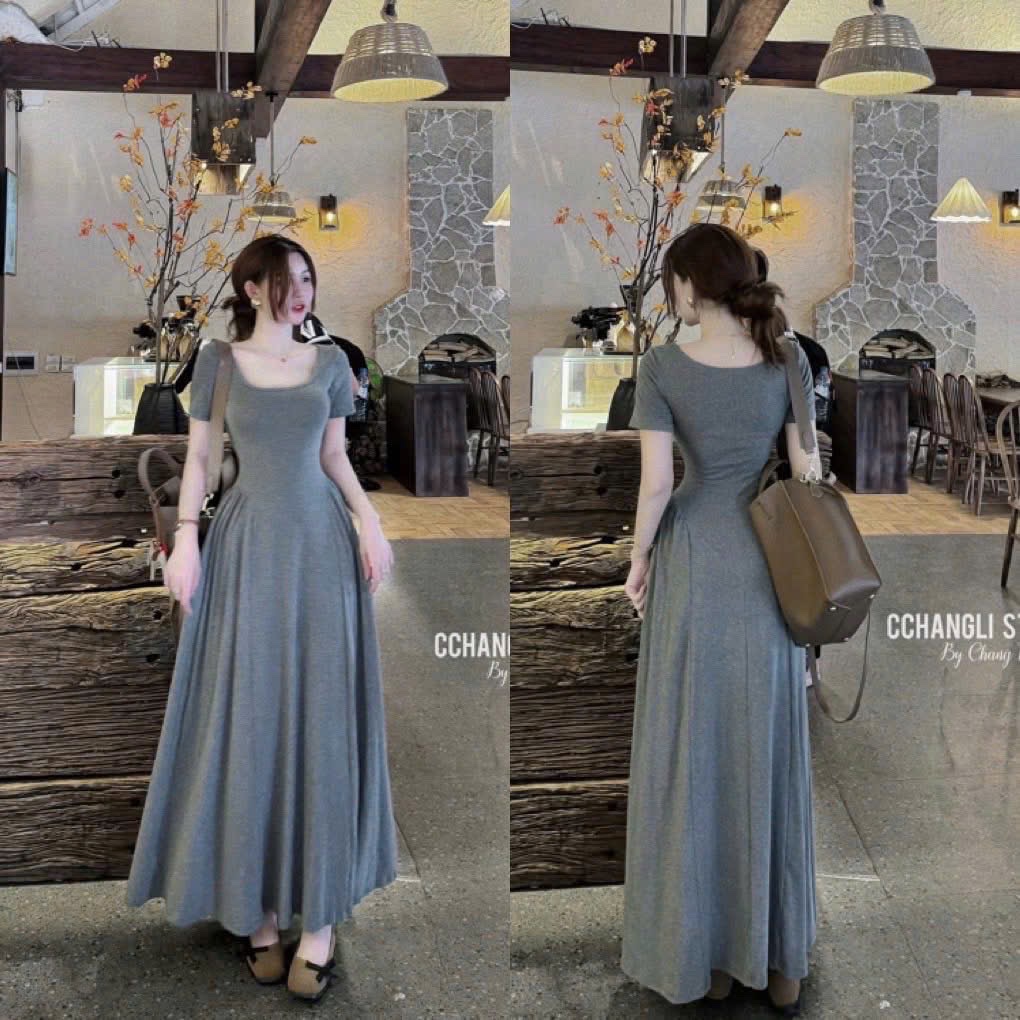 V475 - VÁY ZIP XOÈ CỔ U DÁNG DÀI