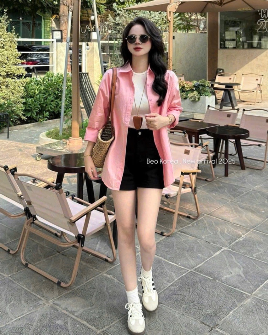 ANU231 - ÁO SƠ MI NỮ HỒNG DÀI TAY DÁNG RỘNG