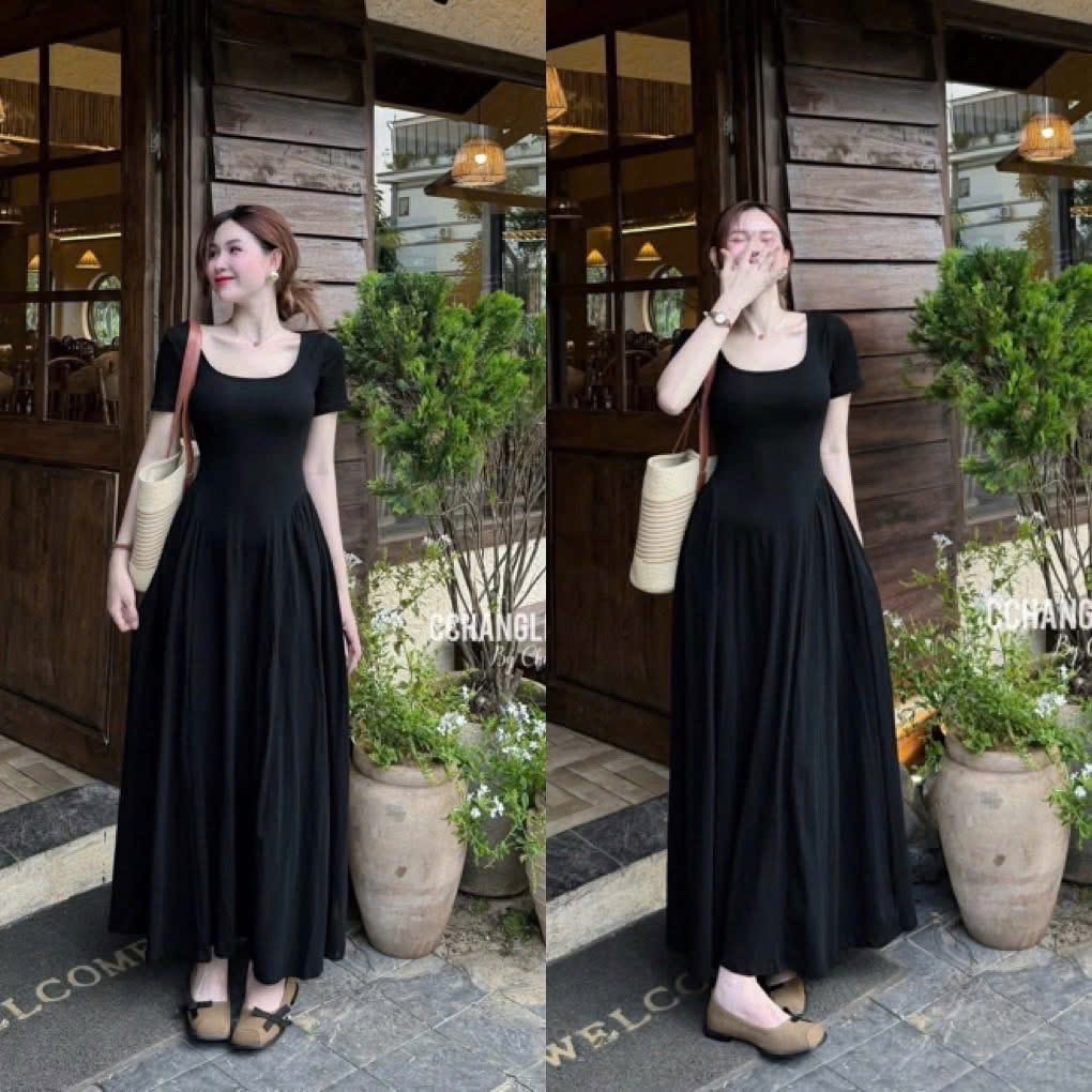 V475 - VÁY ZIP XOÈ CỔ U DÁNG DÀI