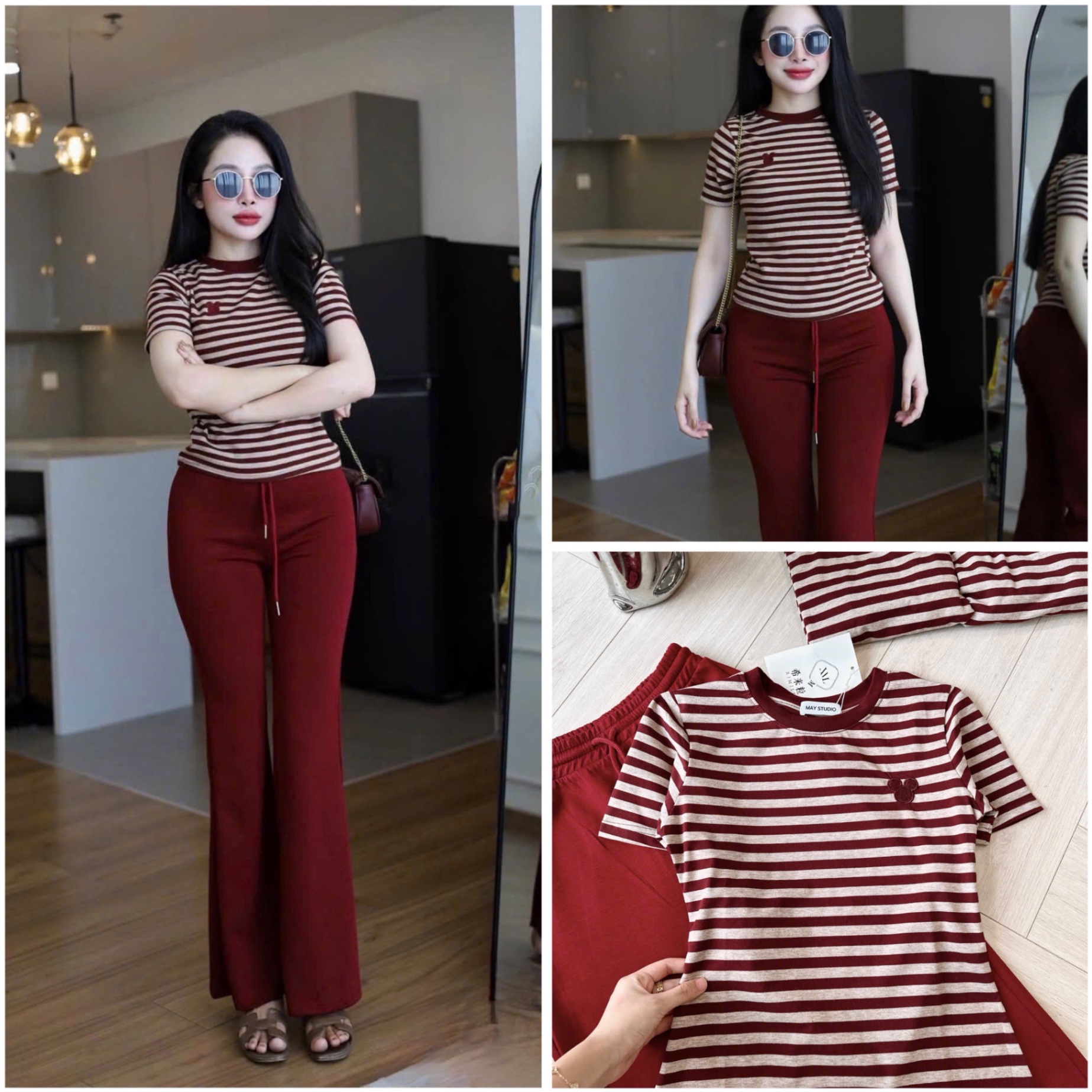 S043 - SET ÁO ĐỎ KẺ NGANG QUẦN LOE