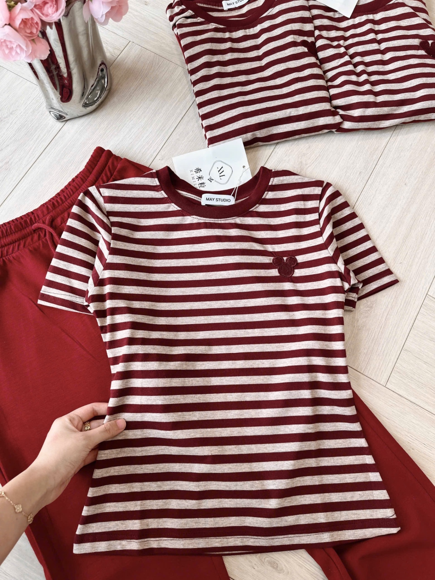 S043 - SET ÁO ĐỎ KẺ NGANG QUẦN LOE