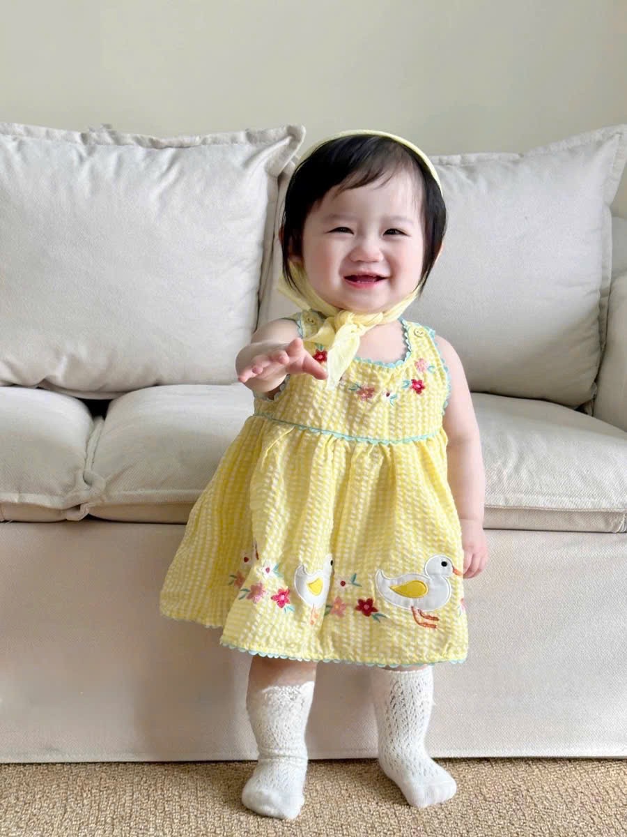 VB545 - VÁY BÉ GÁI KẺ VÀNG THÊU HOA VỊT VIỀN XANH