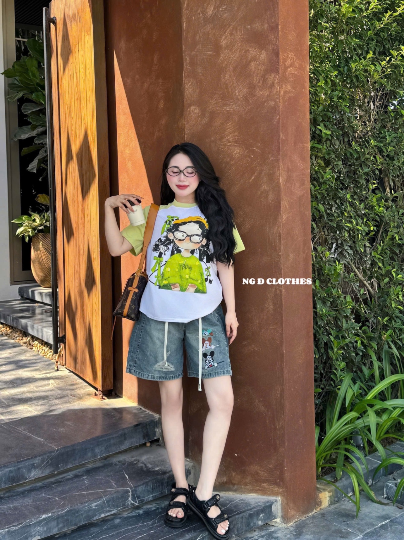 S042 - SET NỮ ÁO CỘC CÔ GÁI TAY XANH QUẦN BÒ NGỐ