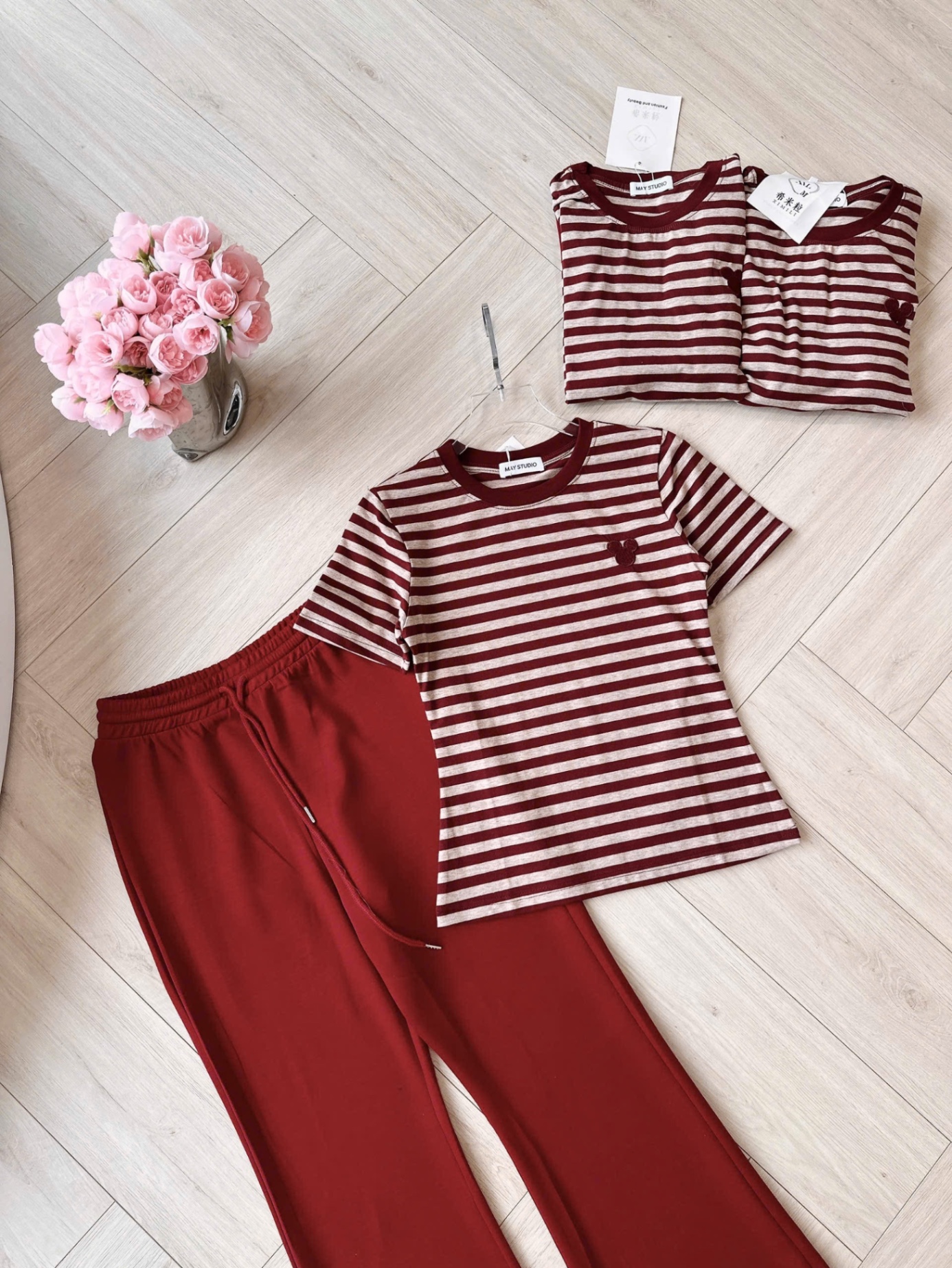 S043 - SET ÁO ĐỎ KẺ NGANG QUẦN LOE