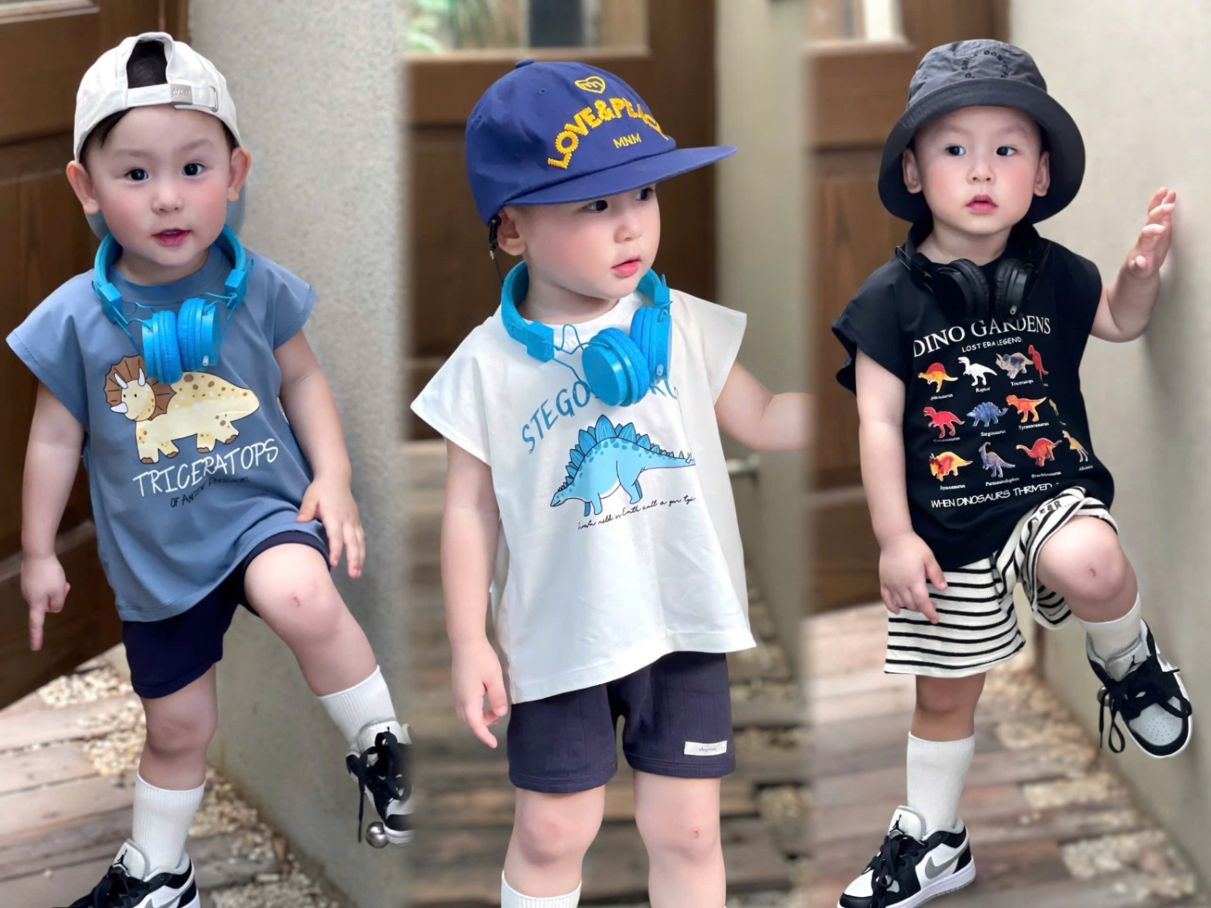 AB727 - SET 3 ÁO BÉ TRAI SÁT NÁCH KHỦNG LONG STEGO đen xanh trắng