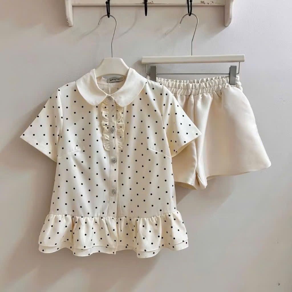(Hàng chờ) S050 - SET ÁO BE CHẤM BI BÈO CỔ SEN QUẦN BE