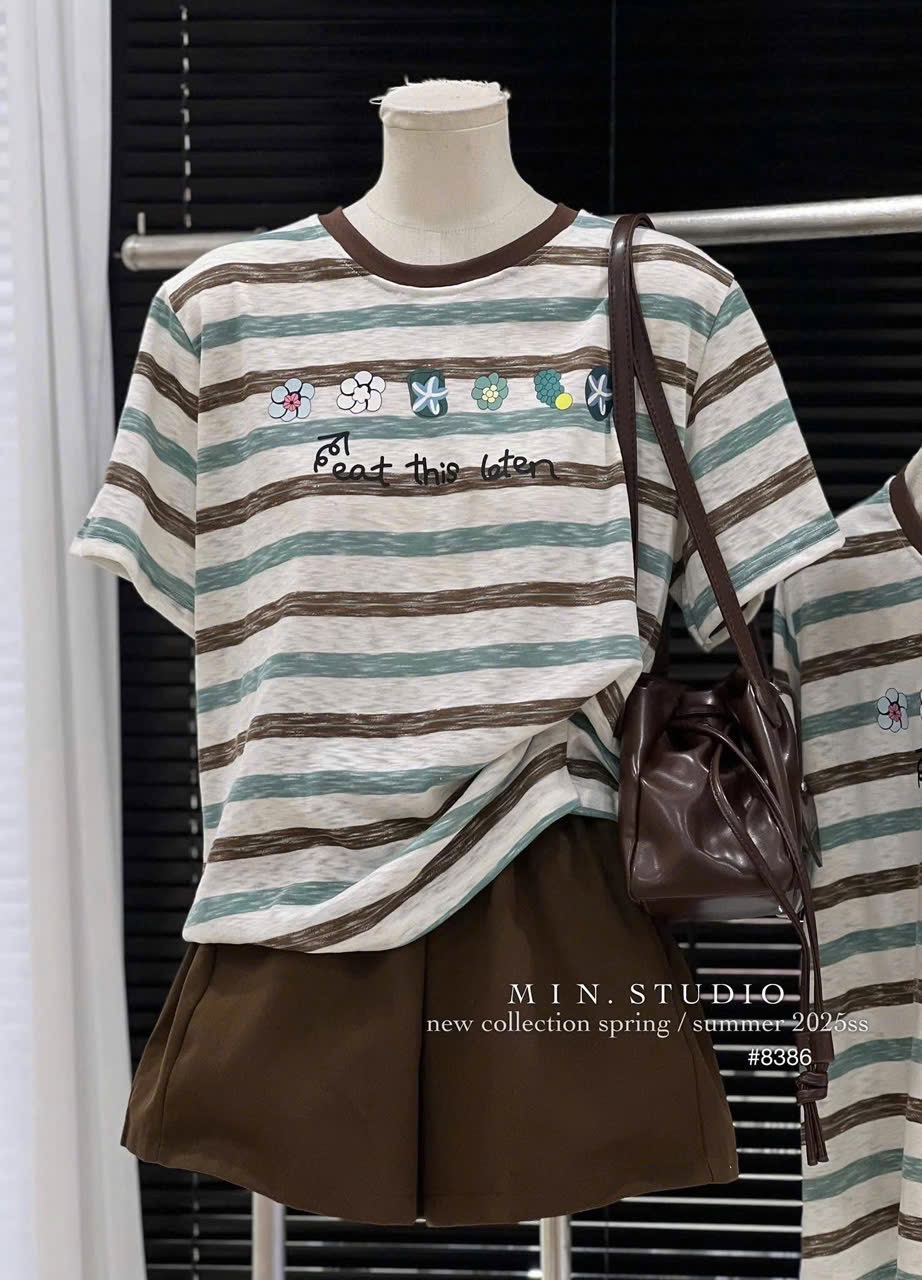 ANU233 - ÁO THUN NỮ XƯỢC HOA KẺ NGANG XANH NÂU
