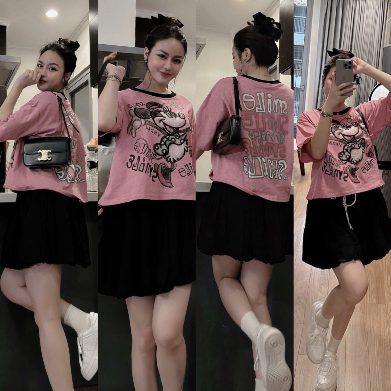 S049 - SET NỮ ÁO HỒNG MICKEY QUẦN BÒ NGỐ