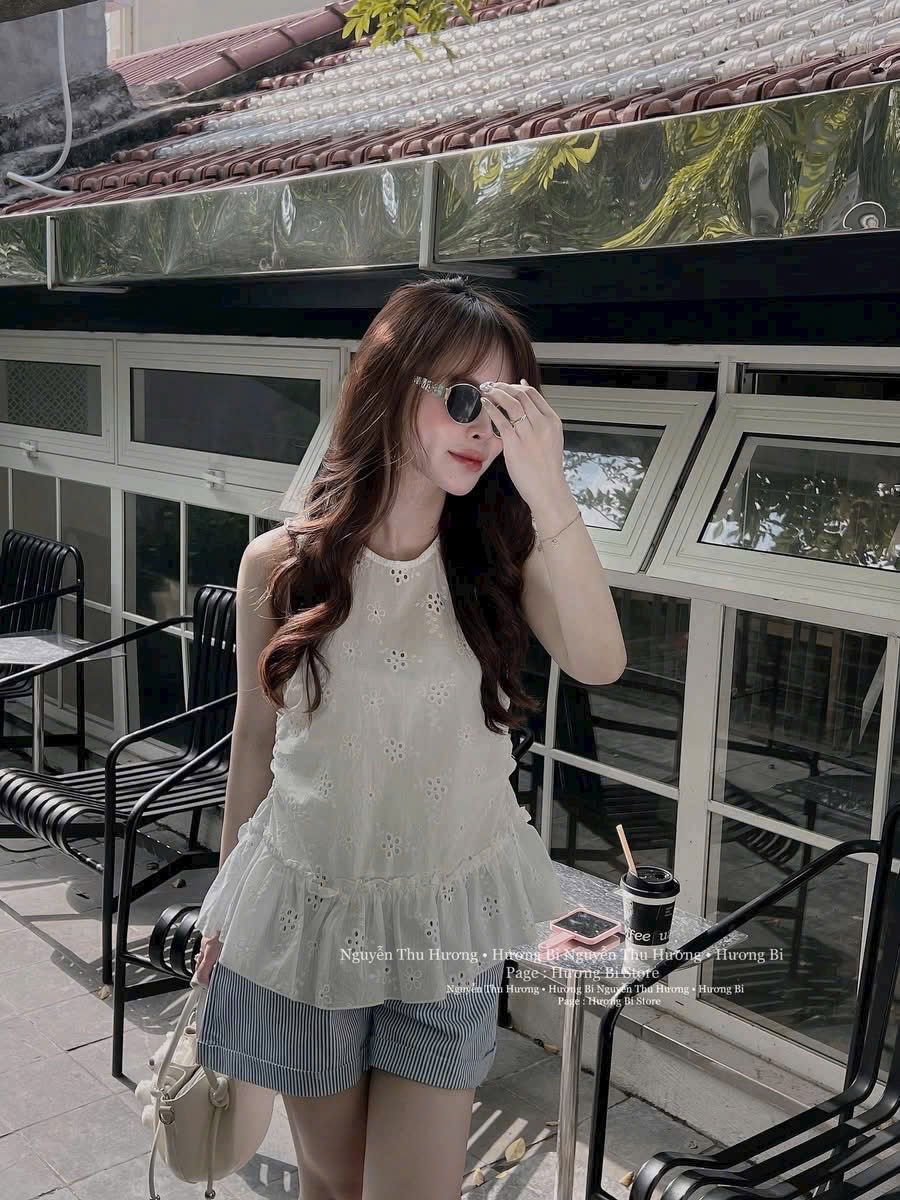 S048 - SET ÁO REN THÊU HOA BÈO GẤU QUẦN XANH SỌC