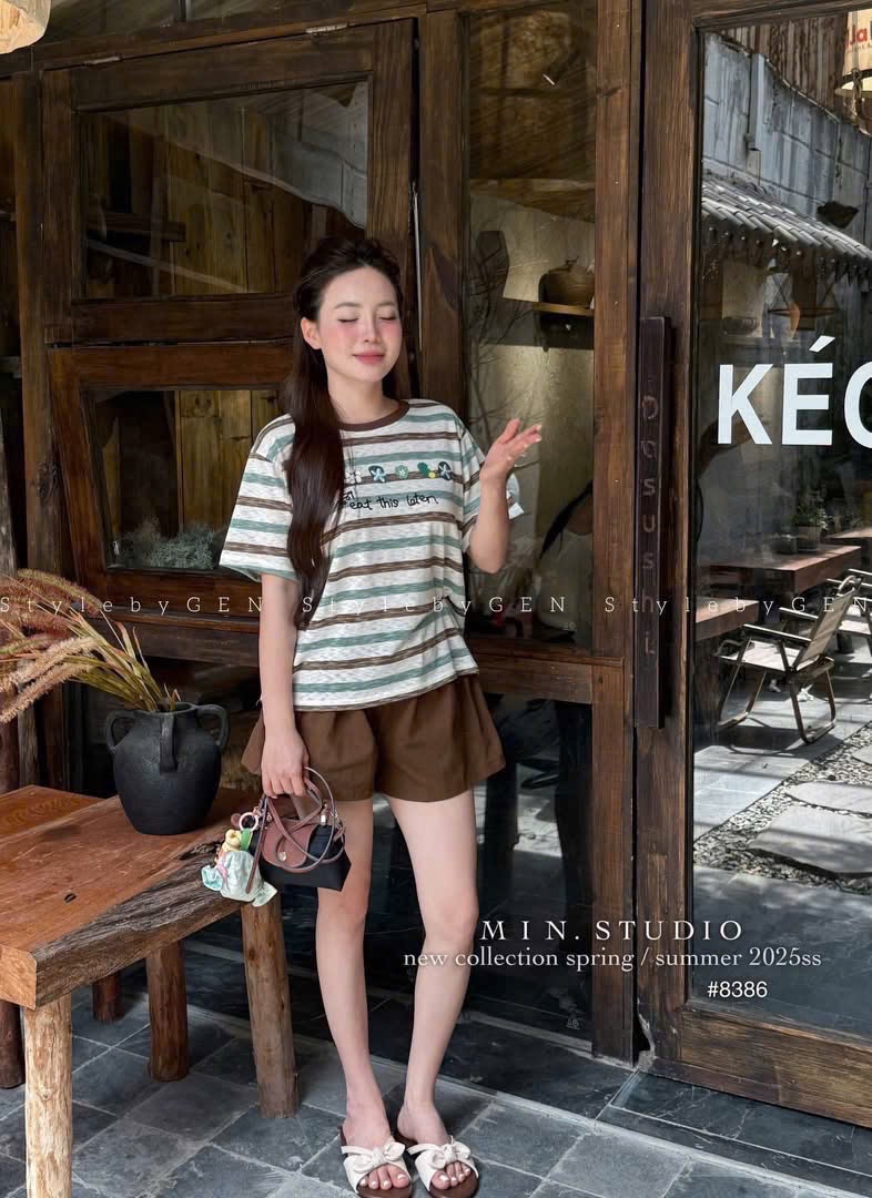 ANU233 - ÁO THUN NỮ XƯỢC HOA KẺ NGANG XANH NÂU