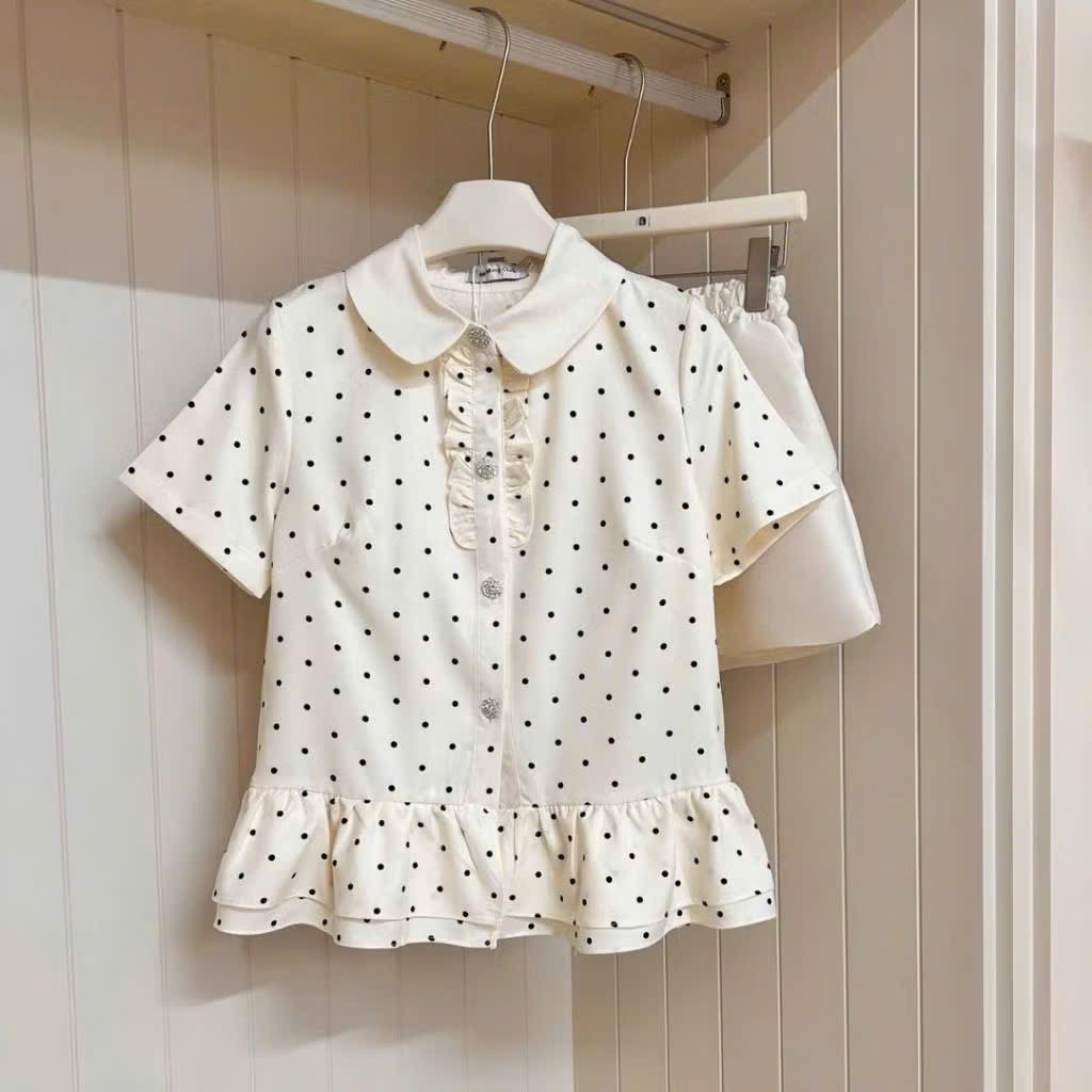 (Hàng chờ) S050 - SET ÁO BE CHẤM BI BÈO CỔ SEN QUẦN BE
