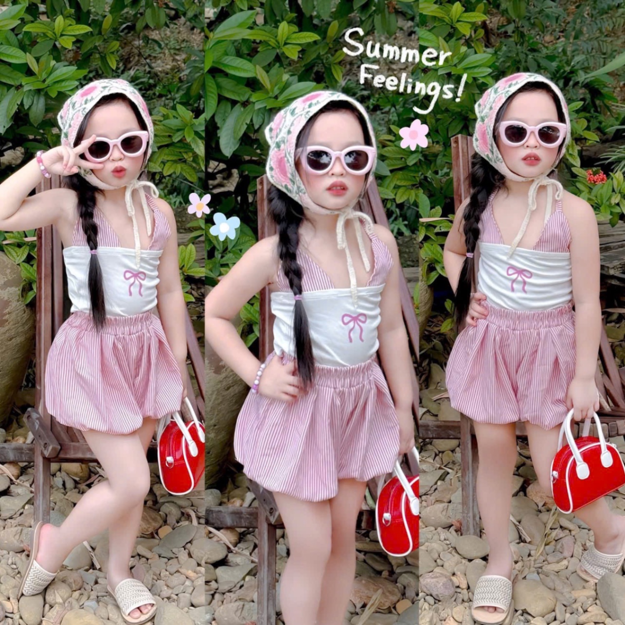 G635 - SET BÉ GÁI CỔ YẾM NƠ PHỐI TRẮNG QUẦN SỌC BỒNG