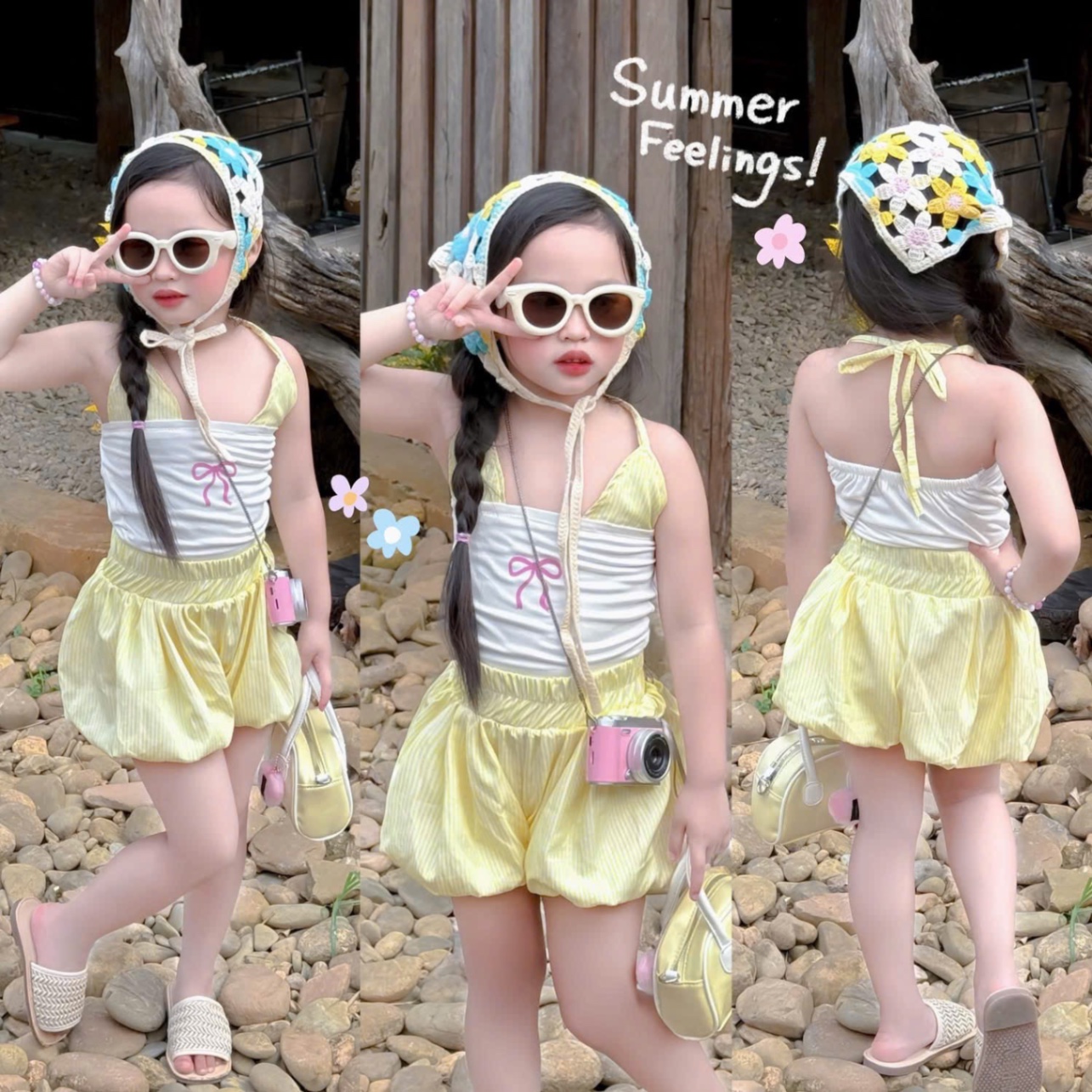 G635 - SET BÉ GÁI CỔ YẾM NƠ PHỐI TRẮNG QUẦN SỌC BỒNG