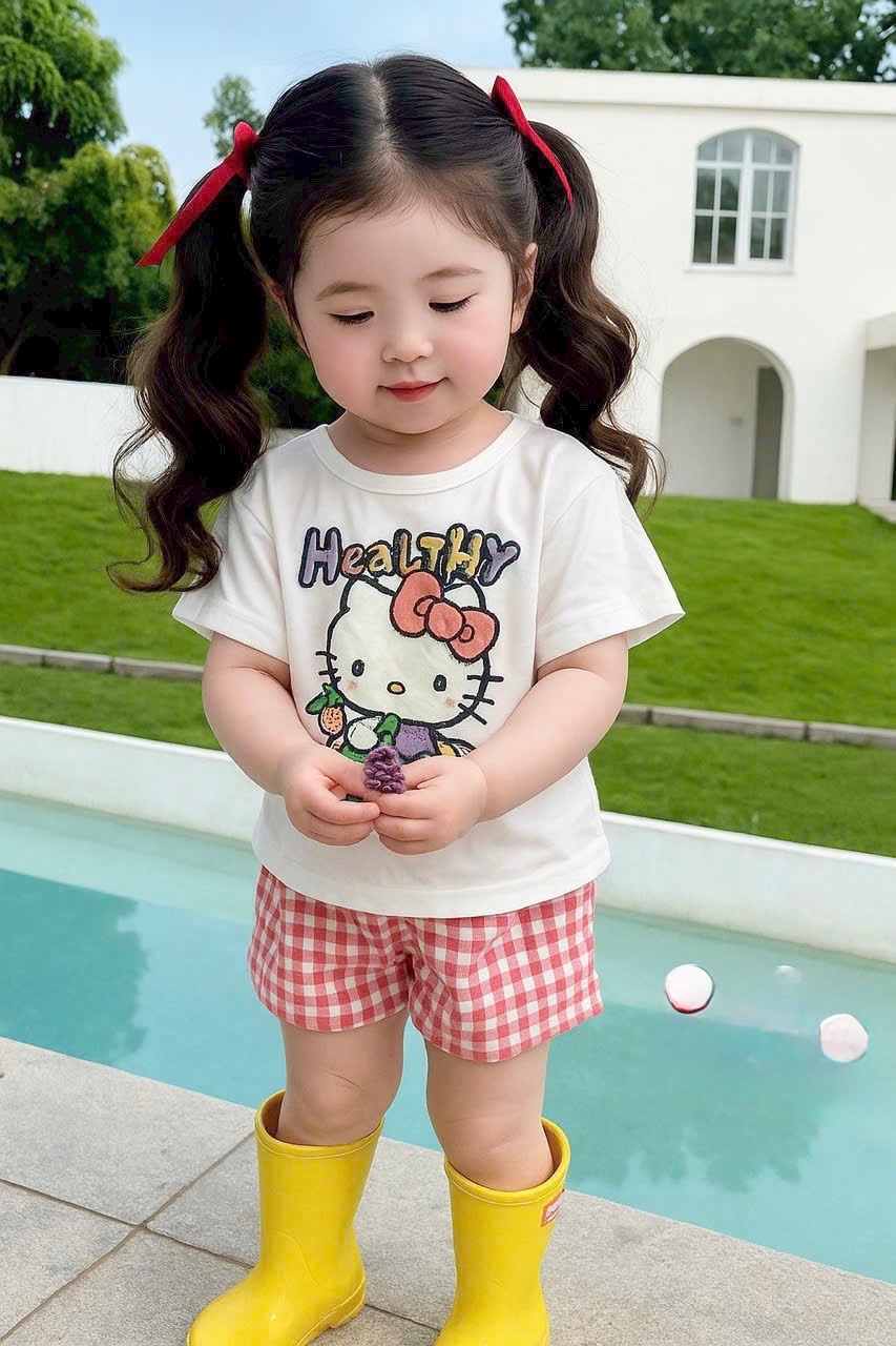 G639 - BỘ ĐÙI BÉ GÁI ÁO TRẮNG KITTY QUẦN KẺ HỒNG