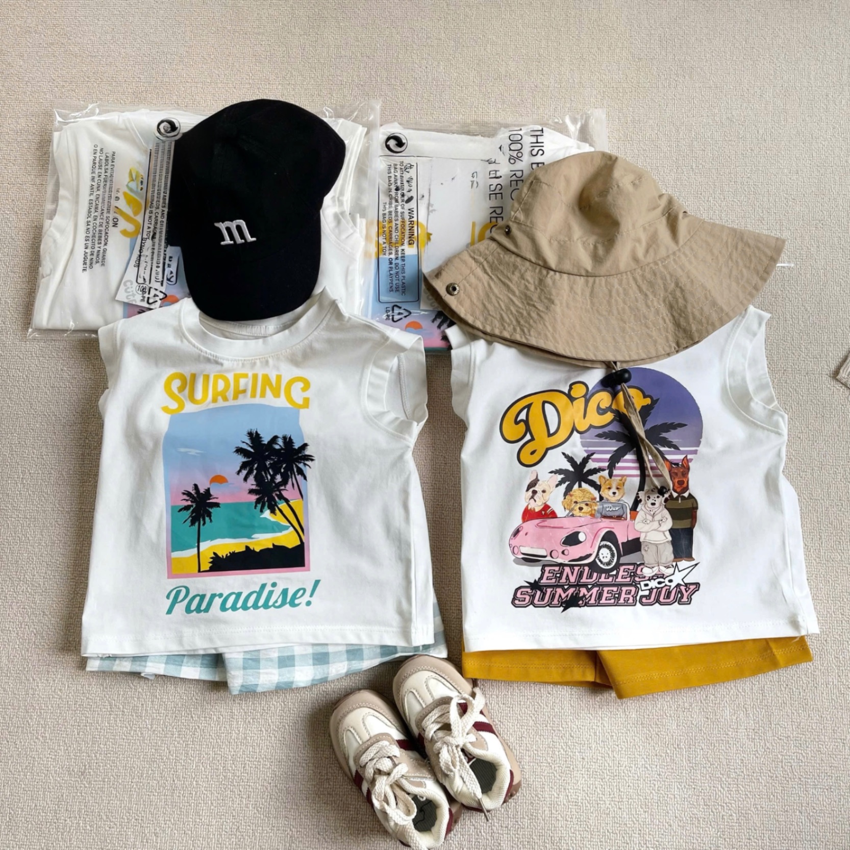 T737 - SET 2 BỘ ĐÙI BÉ TRAI BA LỖ TRẮNG CÂY DỪA SURFING
