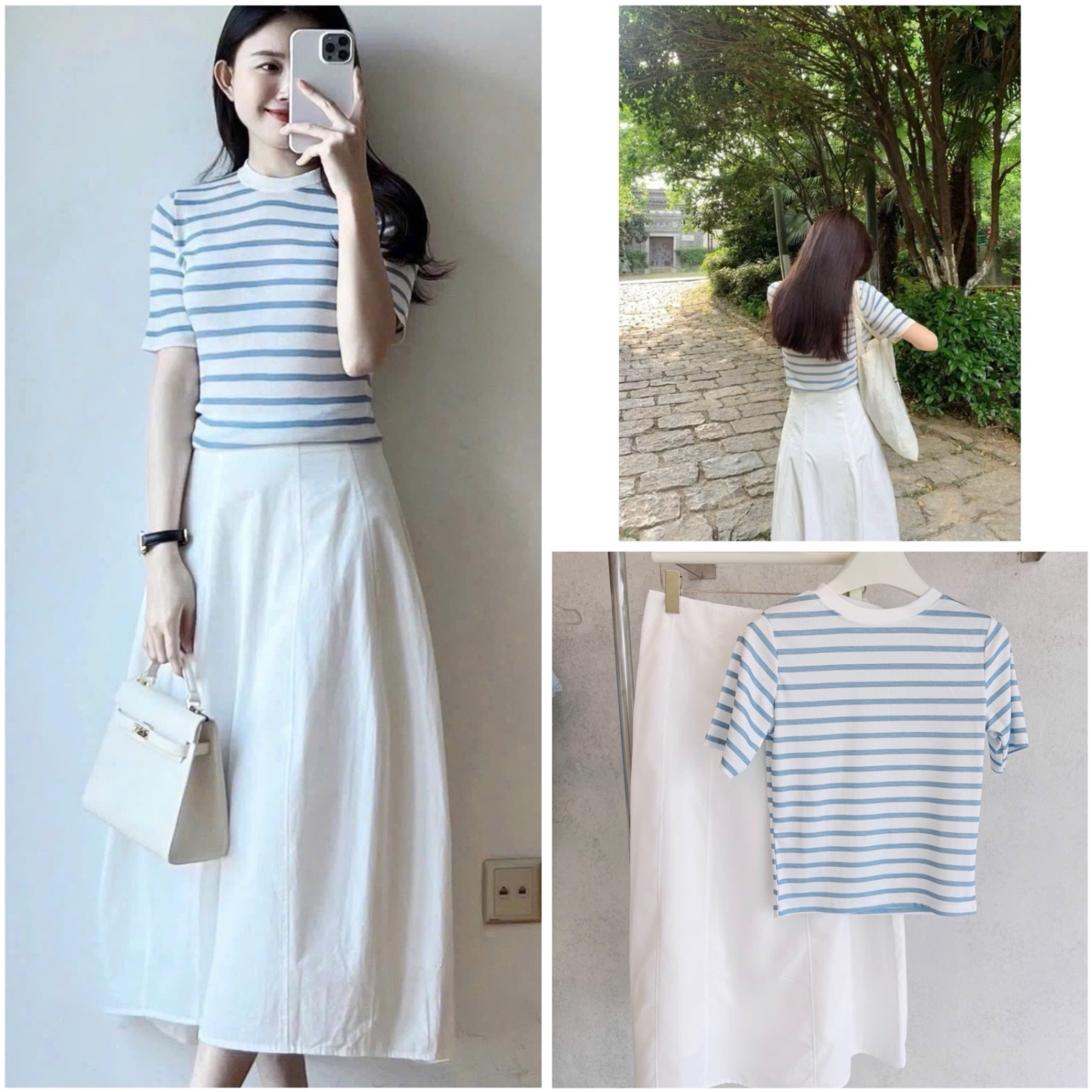 S066 - SET ÁO XANH KẺ NGANG CVAY TRẮNG DÀI