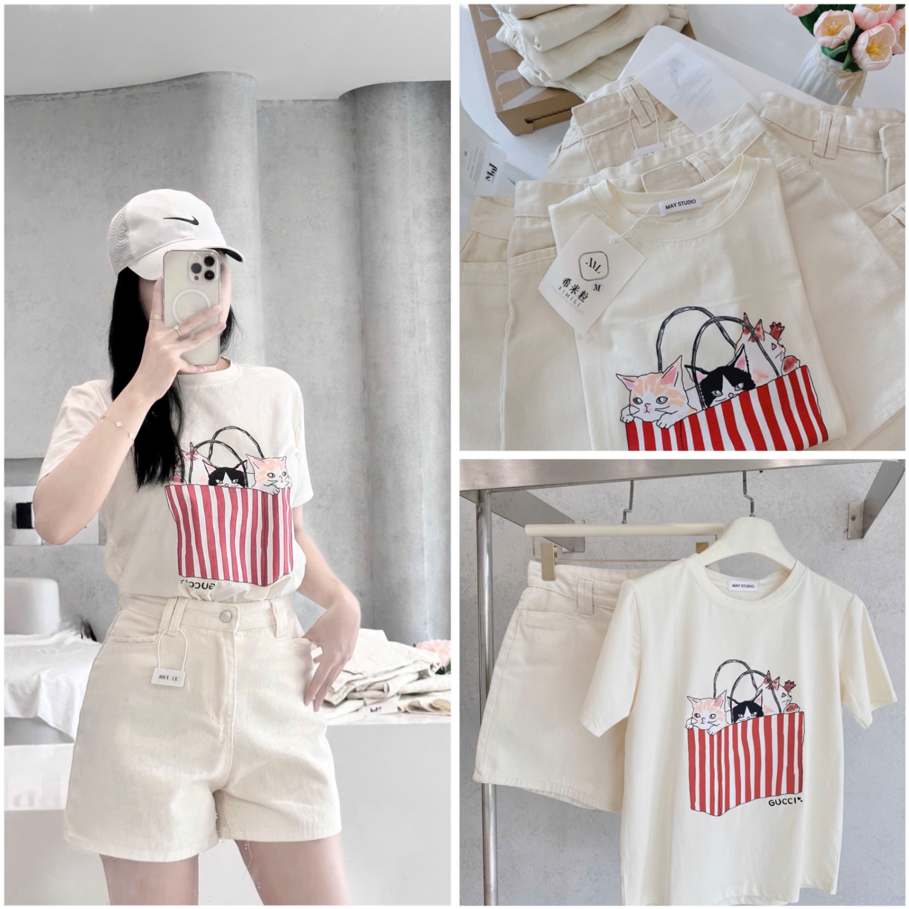 S077 - SET ÁO BE TÚI MÈO QUẦN BÒ ĐÙI KEM
