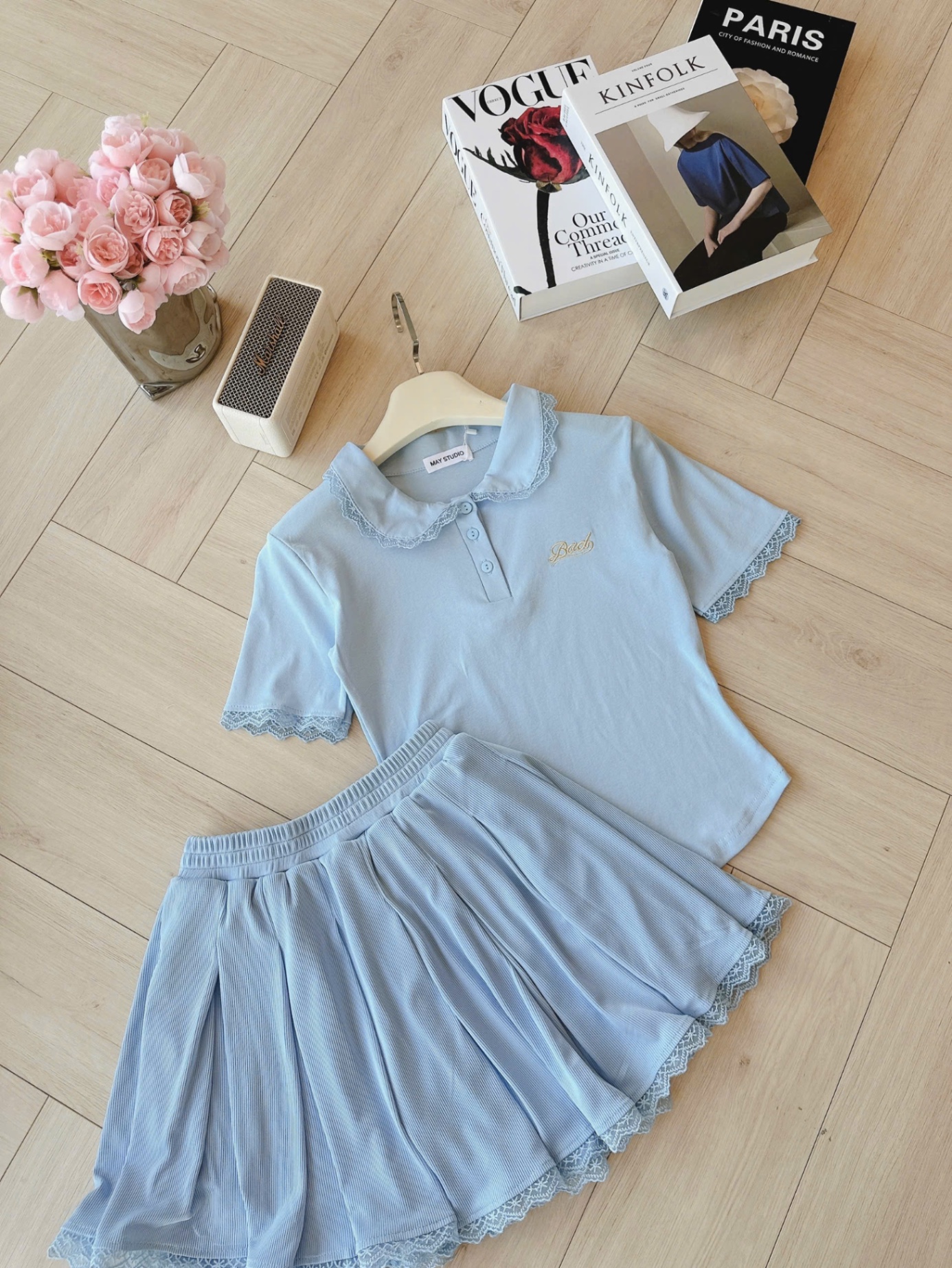 S073 - SET XANH CỔ PHỐI REN THÊU Bad CVAY XẾP
