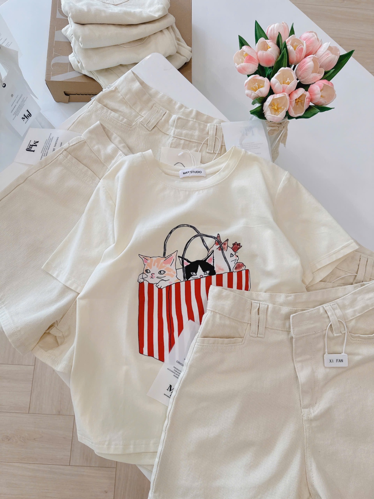 S077 - SET ÁO BE TÚI MÈO QUẦN BÒ ĐÙI KEM