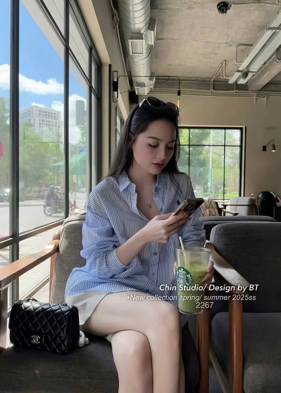 S062 - SET ÁO SƠ MI SỌC THÊU KỊ SĨ QUẦN SOOC TRẮNG