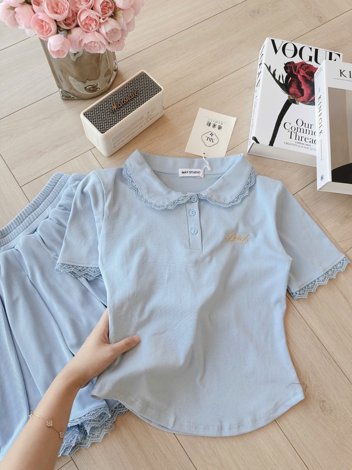 S073 - SET XANH CỔ PHỐI REN THÊU Bad CVAY XẾP