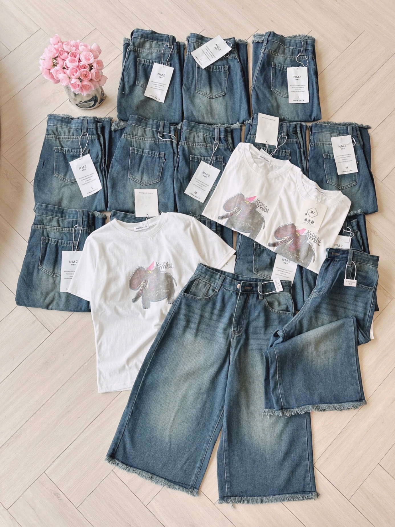 S065 - SET ÁO CỘC TRẮNG VOI Krissy QUẦN BÒ LỬNG