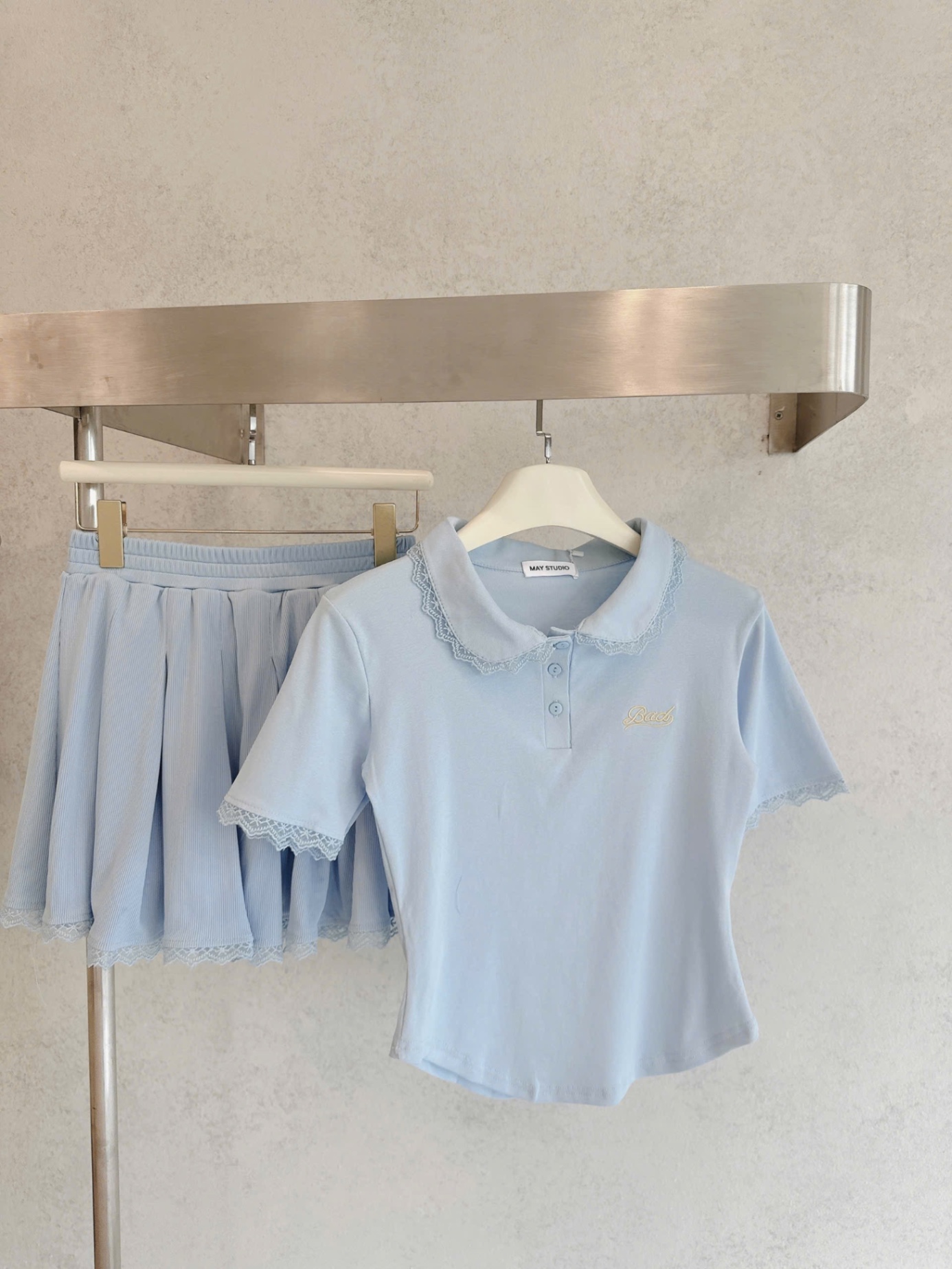 S073 - SET XANH CỔ PHỐI REN THÊU Bad CVAY XẾP