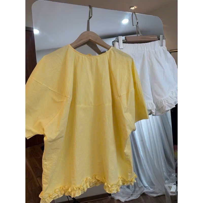 (hàng chờ) S072 - SET ÁO VÀNG TAY LỠ BÈO GẤU QUẦN BÈO TẦNG