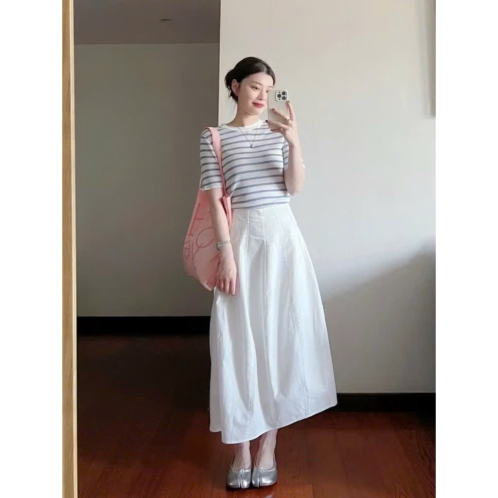 S066 - SET ÁO XANH KẺ NGANG CVAY TRẮNG DÀI