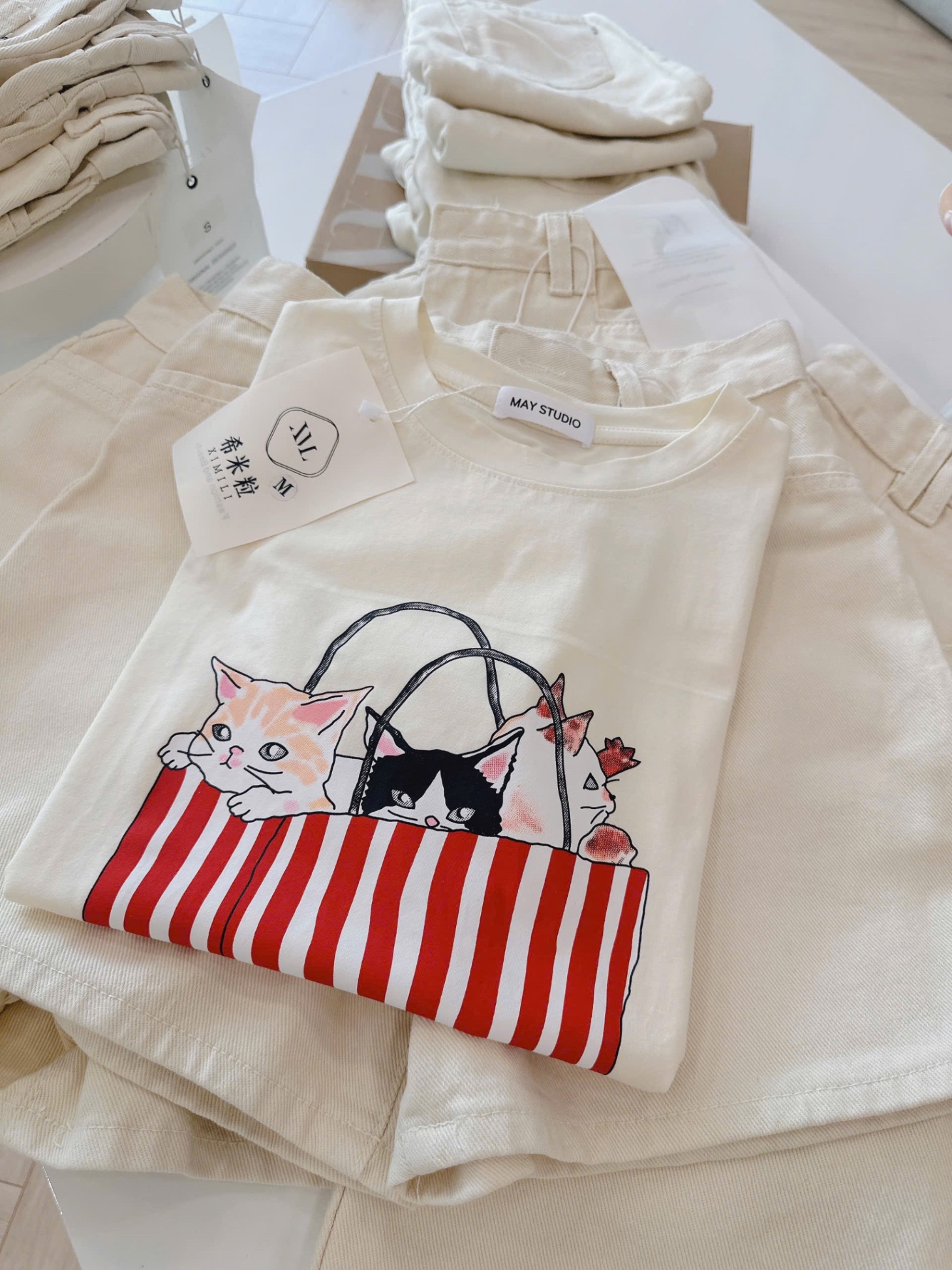 S077 - SET ÁO BE TÚI MÈO QUẦN BÒ ĐÙI KEM