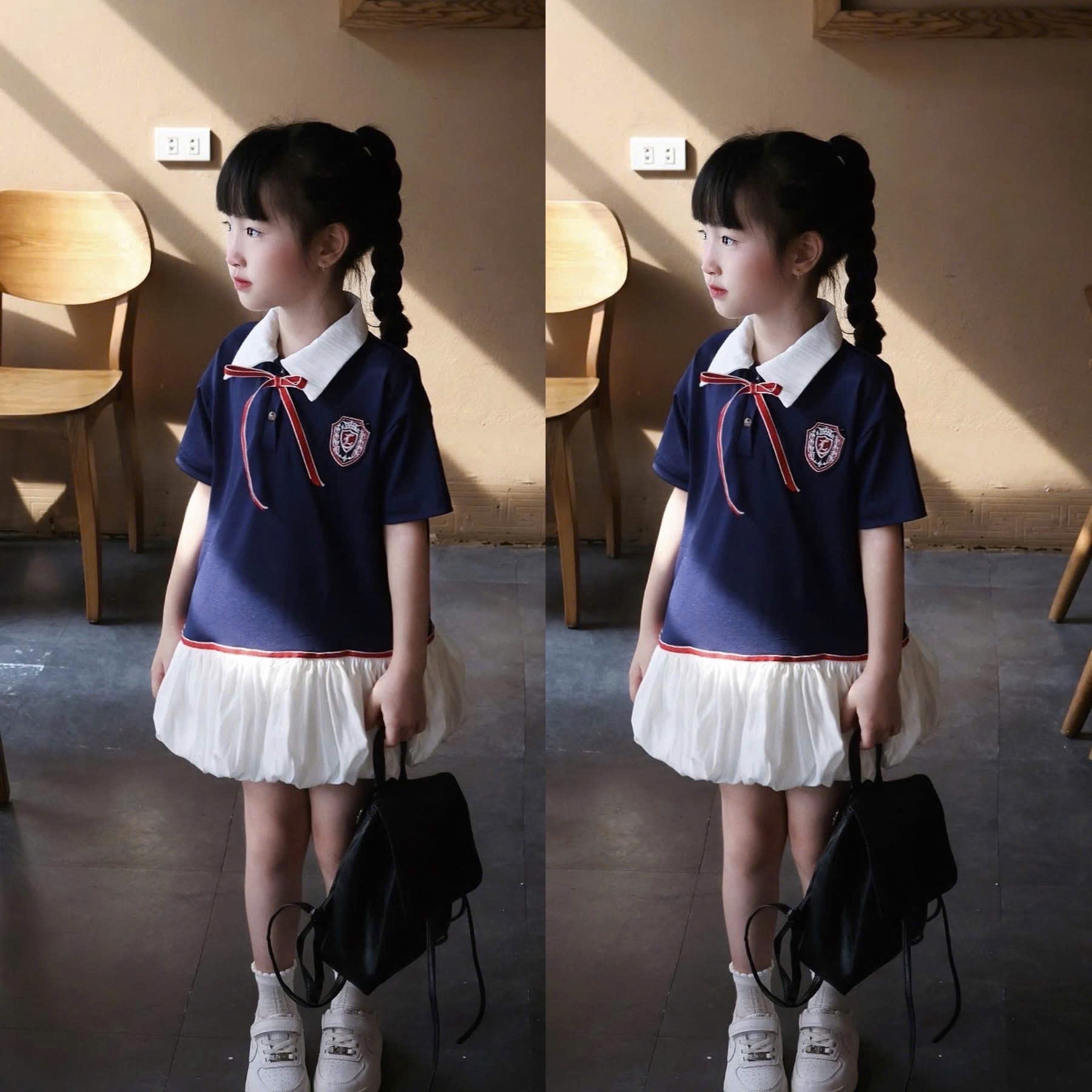 (hàng chờ) VB547 - VÁY BÉ GÁI THAN CỔ TRẮNG PHỐI GẤU CỔ NƠ
