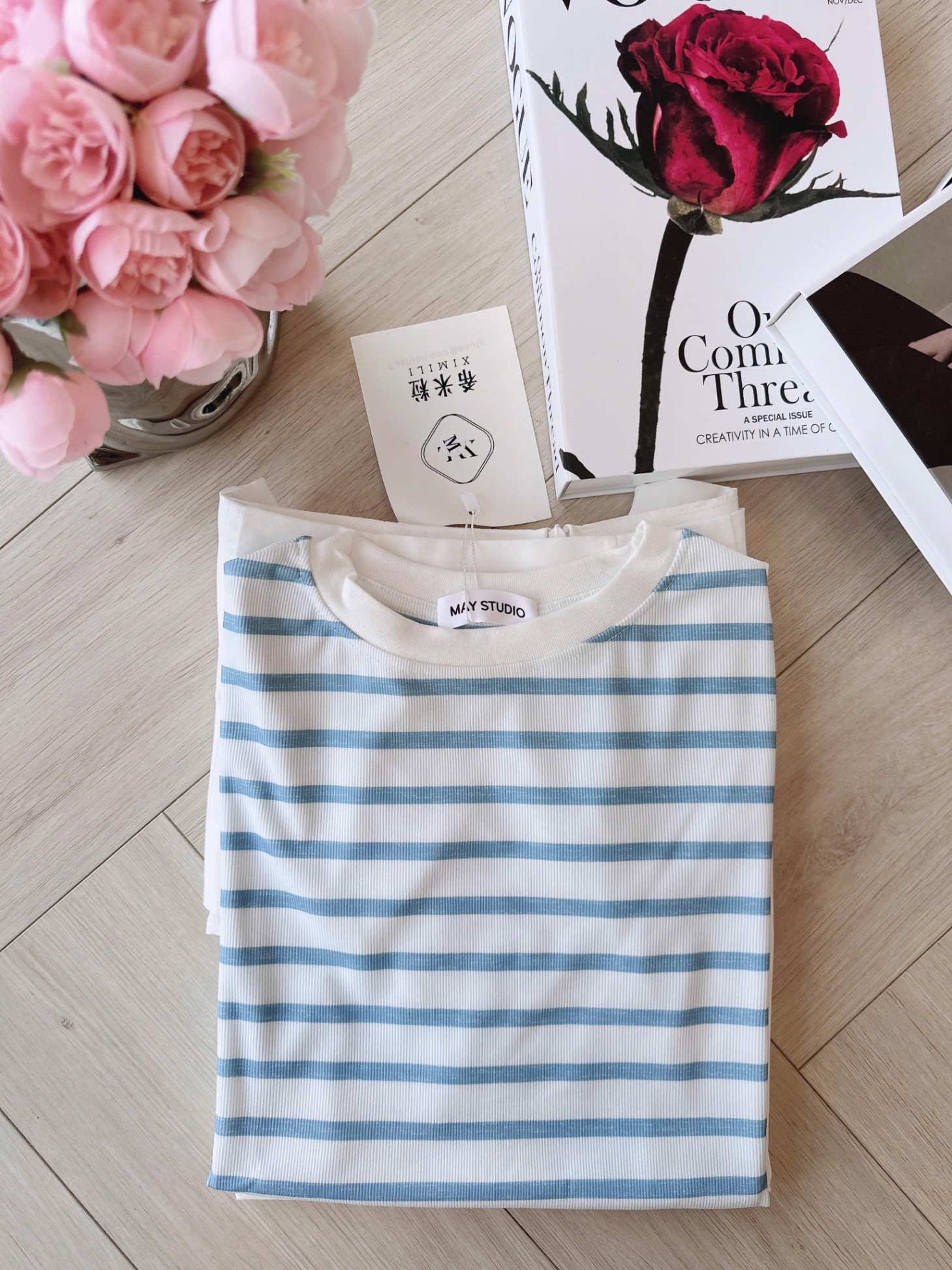 S066 - SET ÁO XANH KẺ NGANG CVAY TRẮNG DÀI