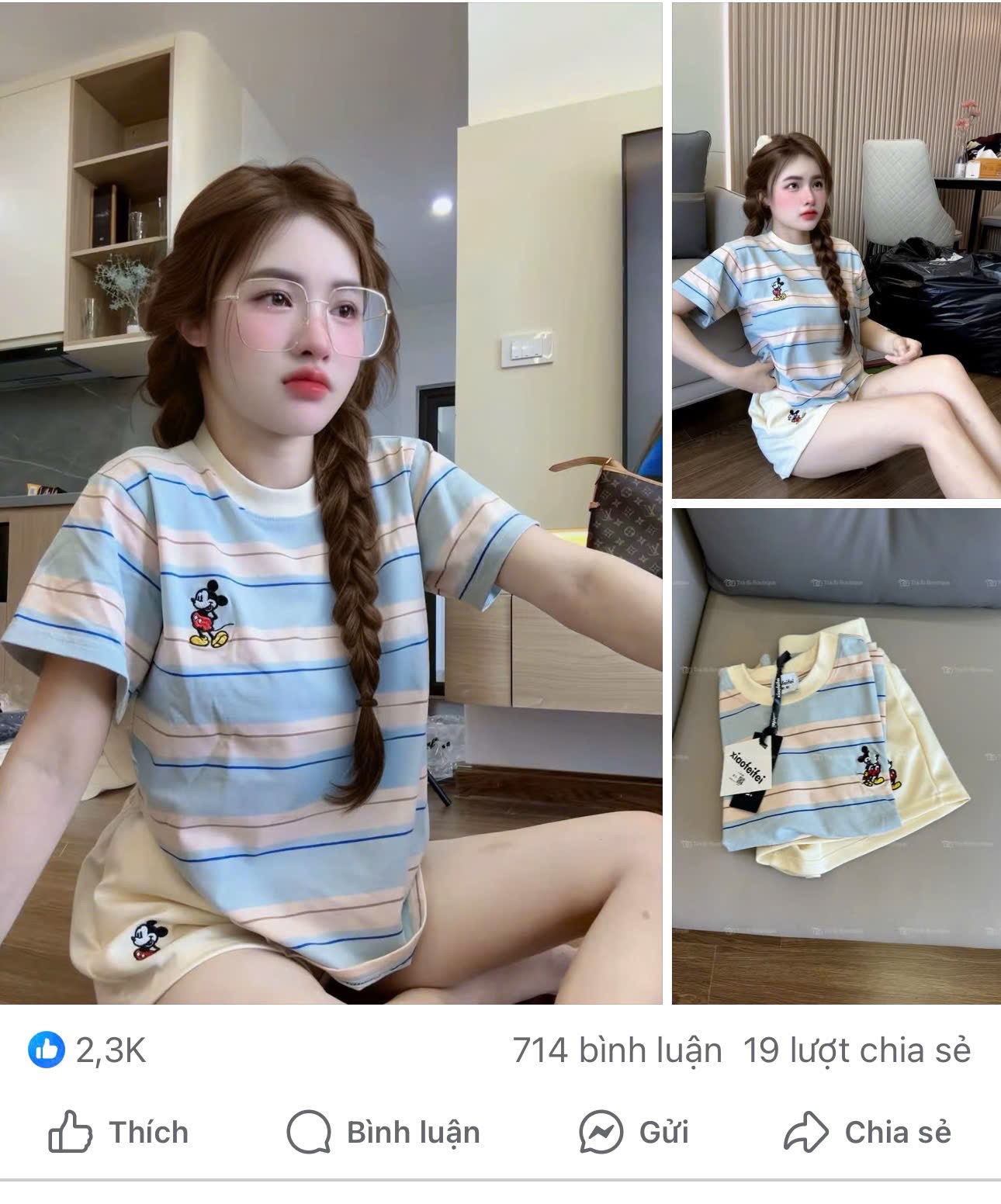 S075 - BỘ ĐÙI NỮ ÁO KẺ NGANG XANH HỒNG MICKEY QUẦN BE