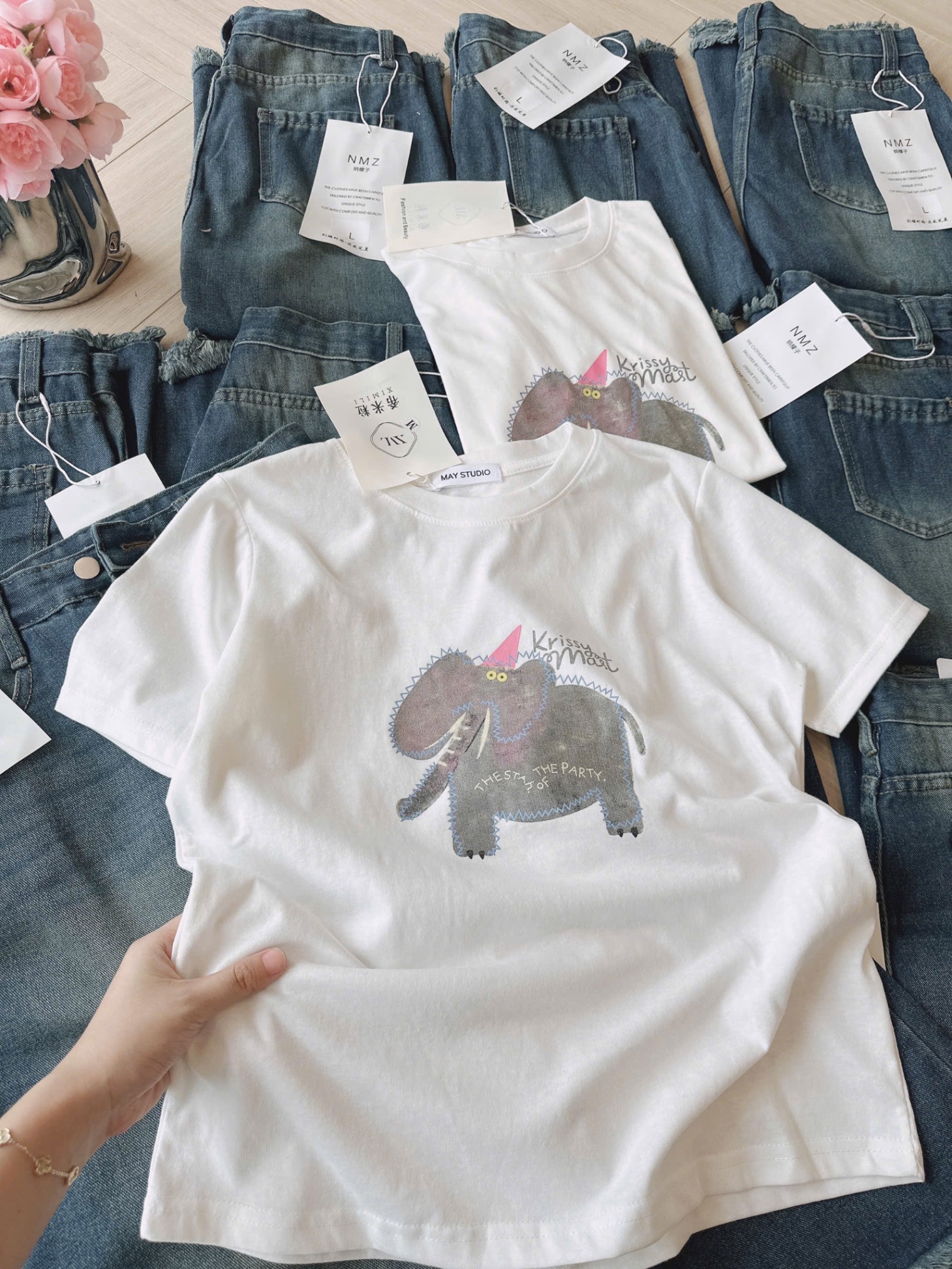 S065 - SET ÁO CỘC TRẮNG VOI Krissy QUẦN BÒ LỬNG