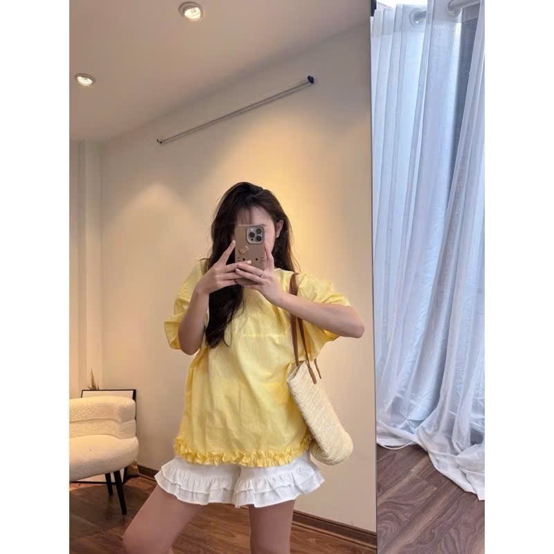 (hàng chờ) S072 - SET ÁO VÀNG TAY LỠ BÈO GẤU QUẦN BÈO TẦNG