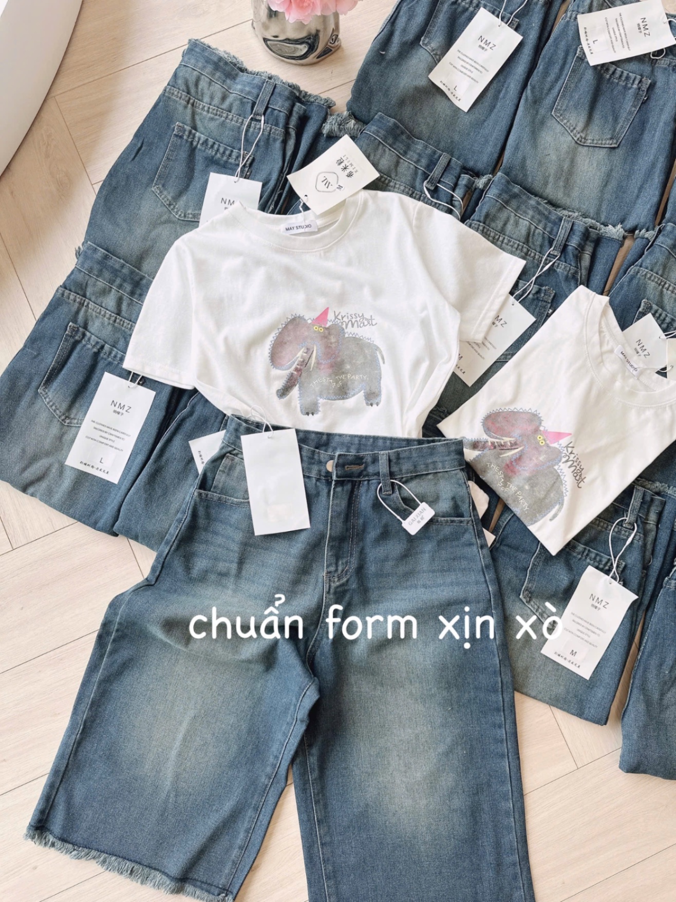 S065 - SET ÁO CỘC TRẮNG VOI Krissy QUẦN BÒ LỬNG