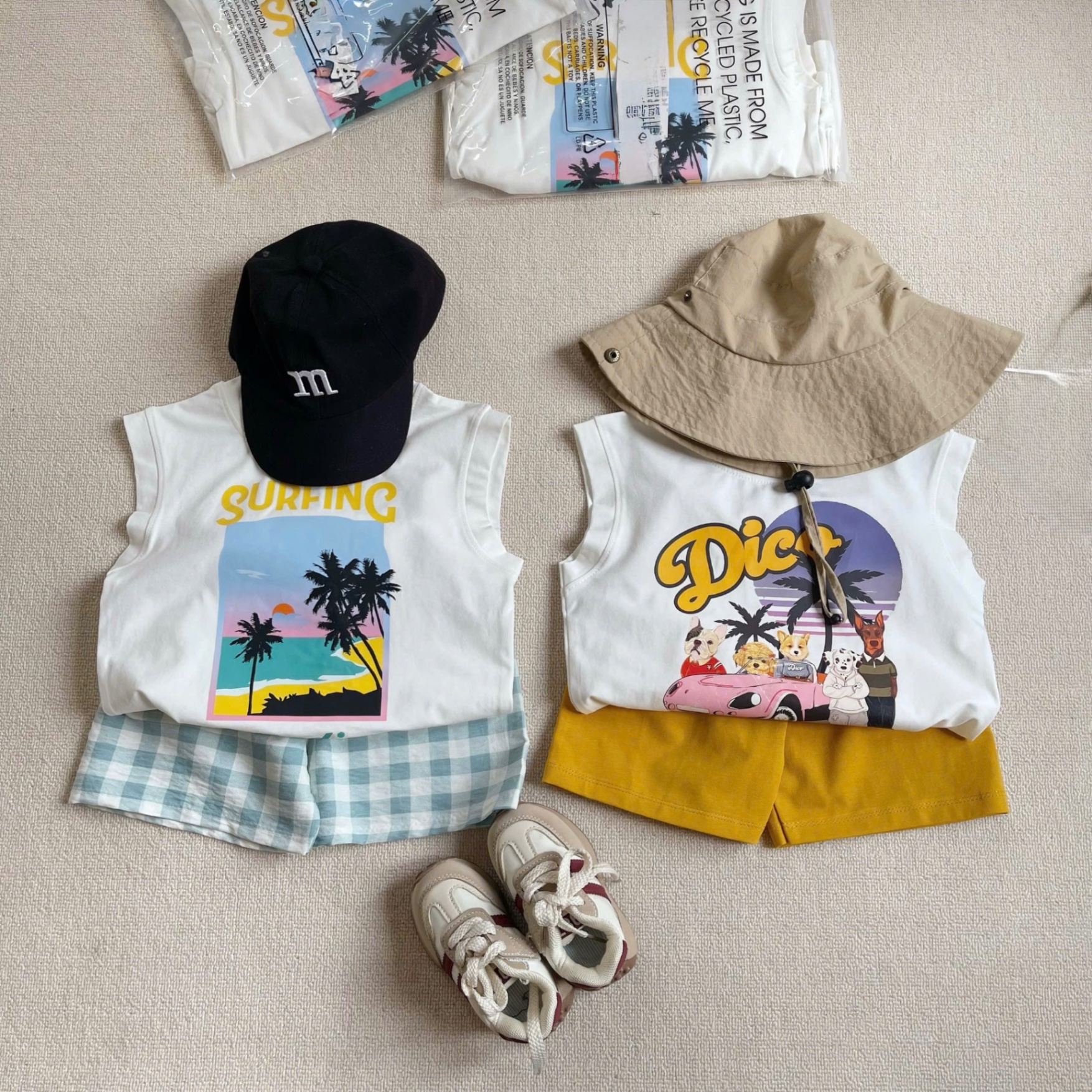 T737 - SET 2 BỘ ĐÙI BÉ TRAI BA LỖ TRẮNG CÂY DỪA SURFING