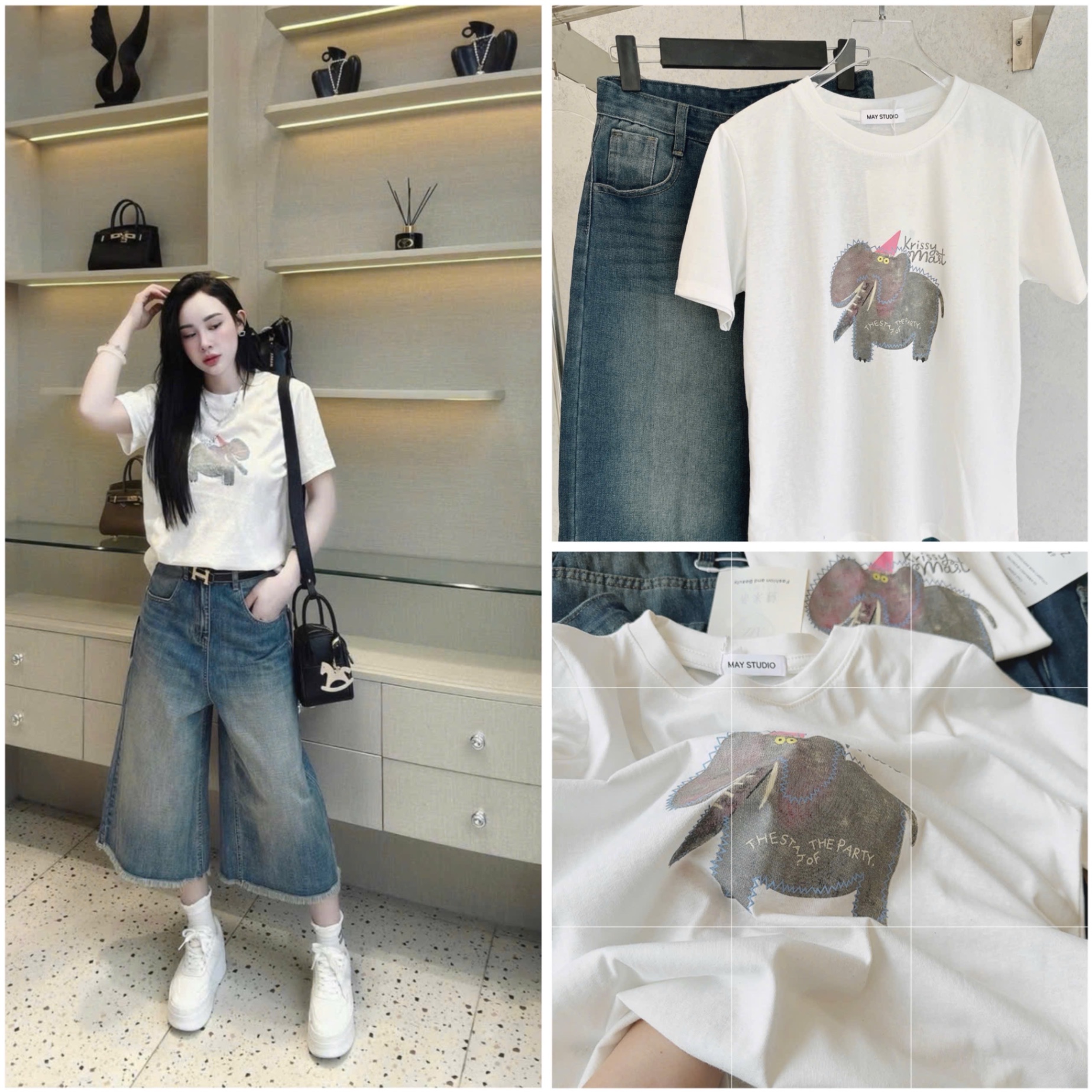 S065 - SET ÁO CỘC TRẮNG VOI Krissy QUẦN BÒ LỬNG