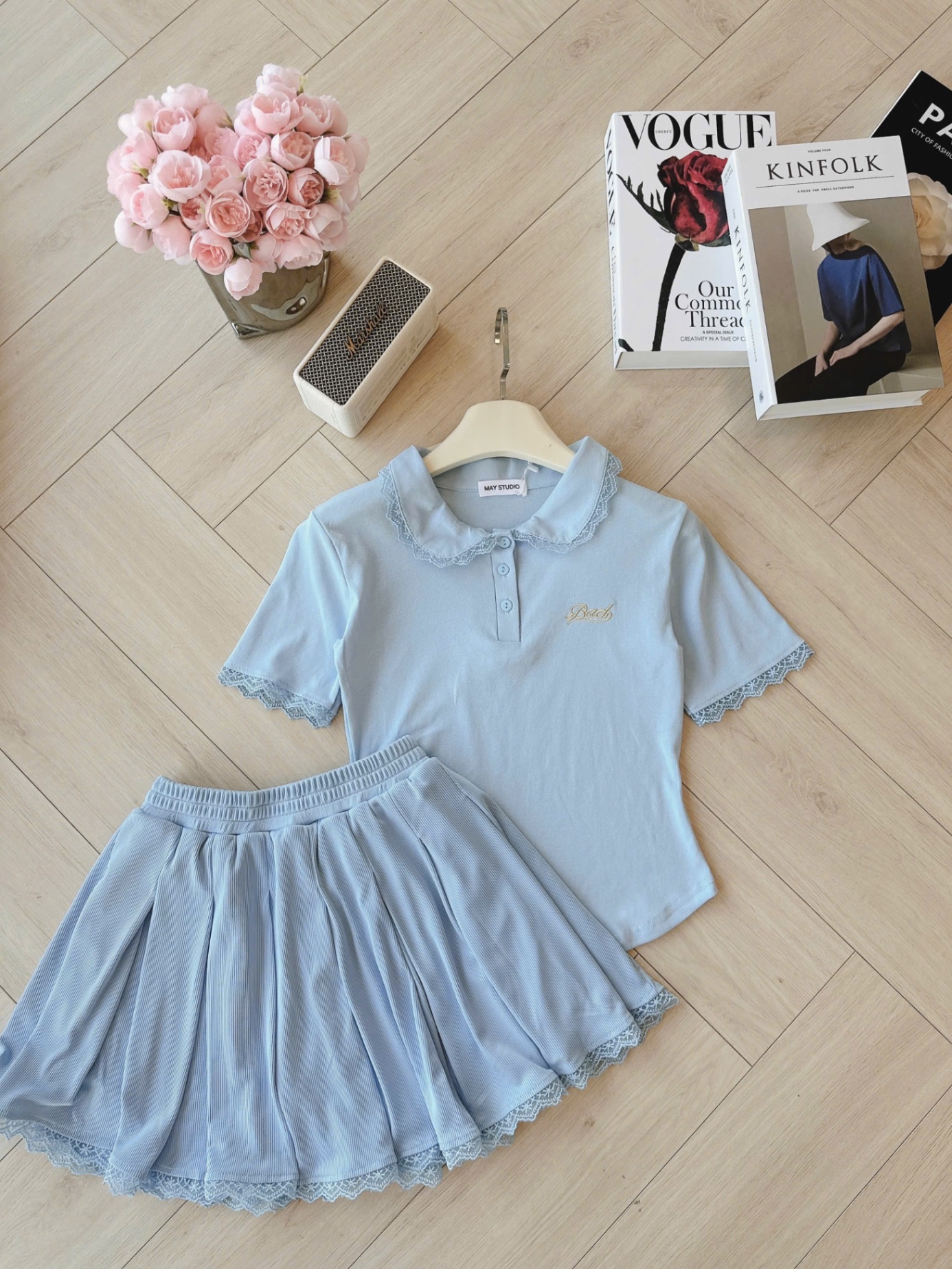 S073 - SET XANH CỔ PHỐI REN THÊU Bad CVAY XẾP