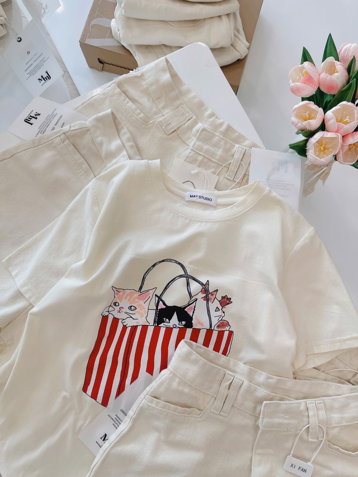 S077 - SET ÁO BE TÚI MÈO QUẦN BÒ ĐÙI KEM
