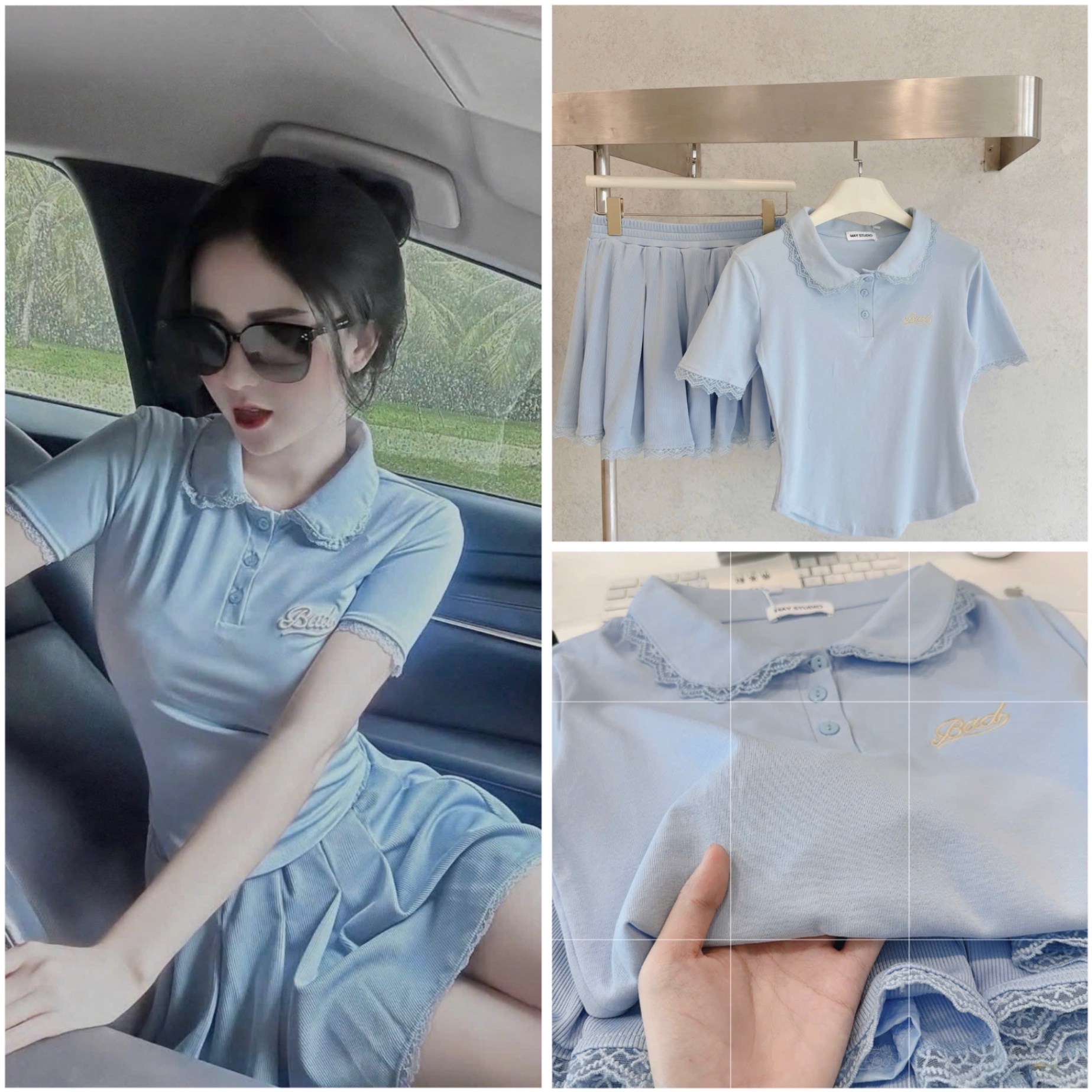 S073 - SET XANH CỔ PHỐI REN THÊU Bad CVAY XẾP