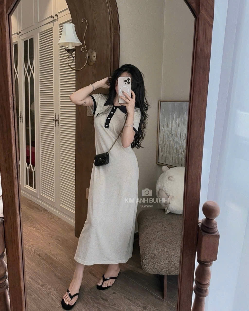 (hàng chờ) V479 - VÁY POLO SUÔNG GHI TIÊU CỔ ĐEN THÊU KỊ SĨ