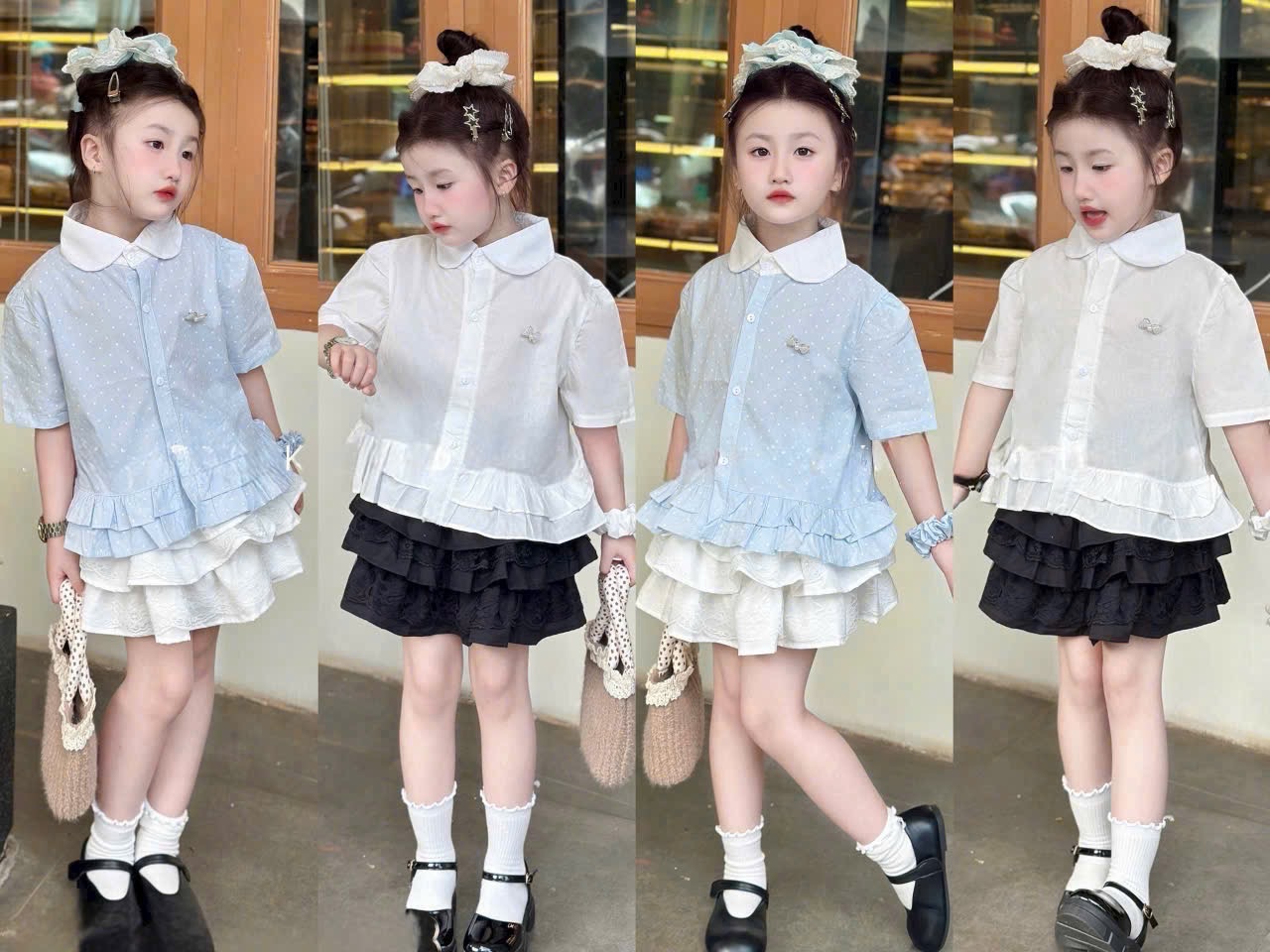 (Hàng chờ) G646 - SET BÉ GÁI ÁO CHẤM BI CỔ SEN CVAY XẾP TẦNG