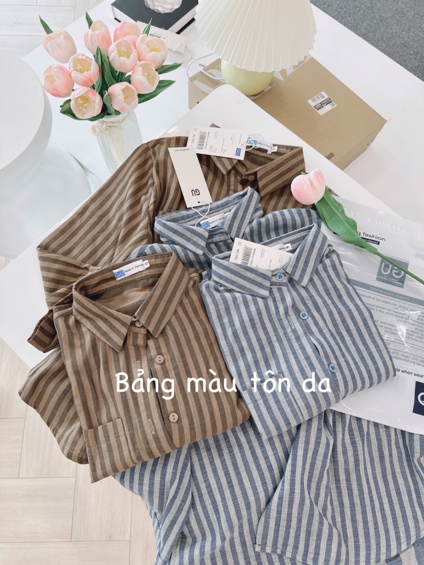 ANU249 - ÁO SƠ MI NỮ KẺ SỌC 2 MẶT TÚI NGỰC