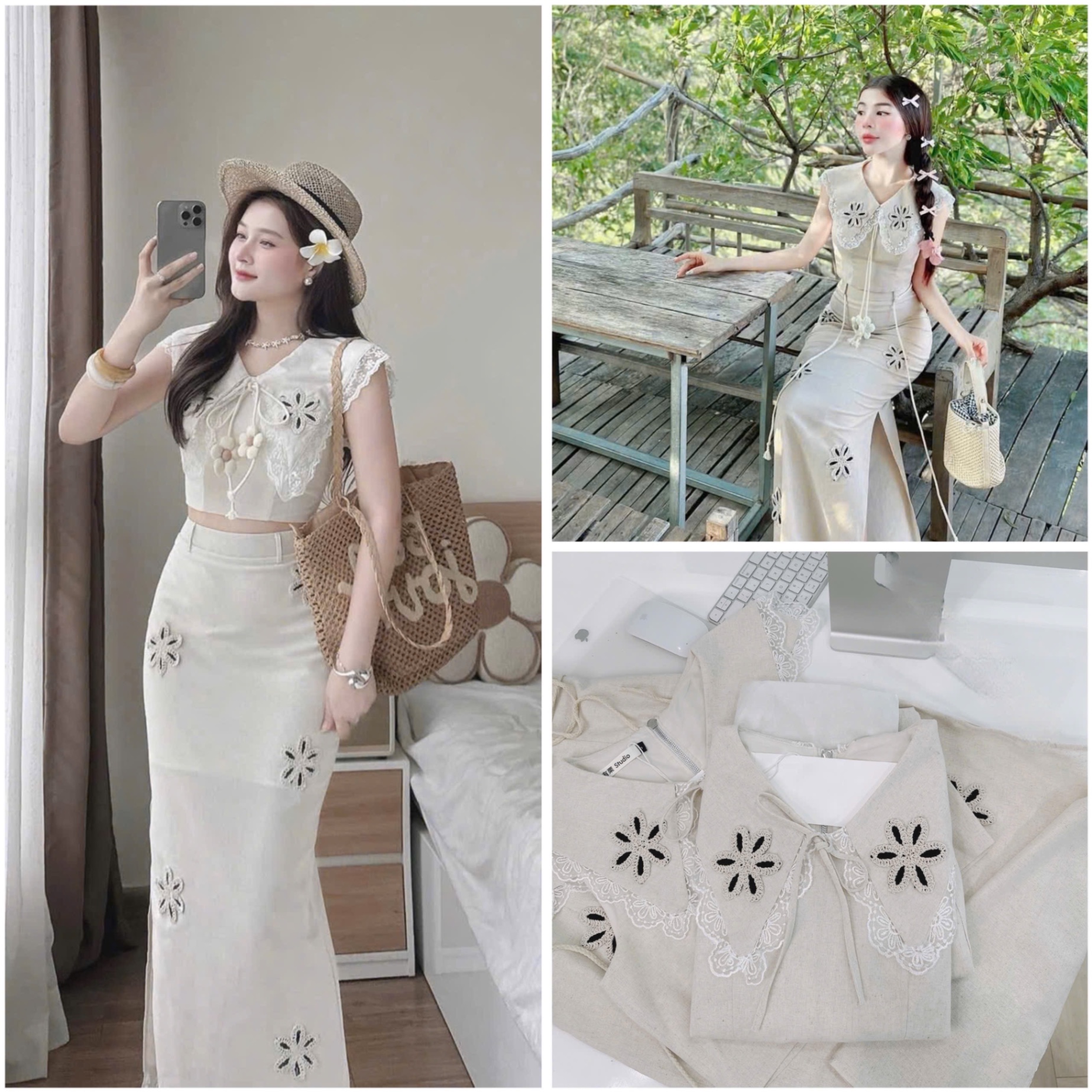 S093 - SET LIEN CỔ REN THÊU HOA NỔI CVAY XẺ