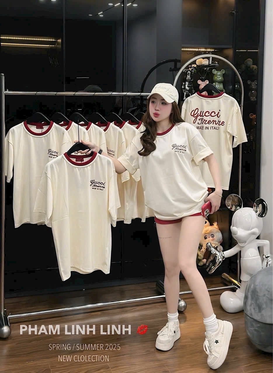 S092 - BỘ ĐÙI NỮ MÀU BE CỔ VIỀN ĐỎ GUCCI