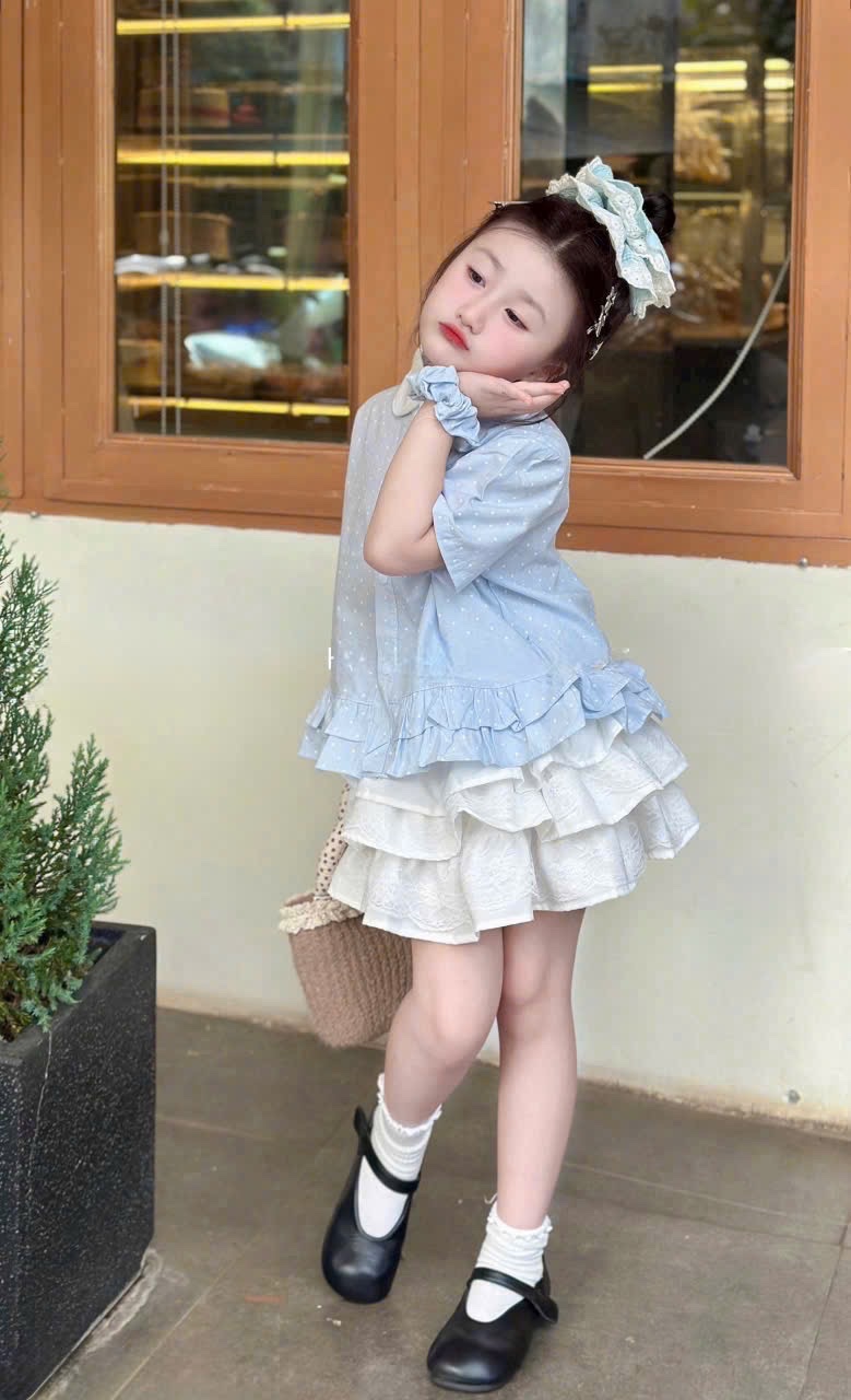 G646 - SET BÉ GÁI ÁO CHẤM BI CỔ SEN CVAY XẾP TẦNG