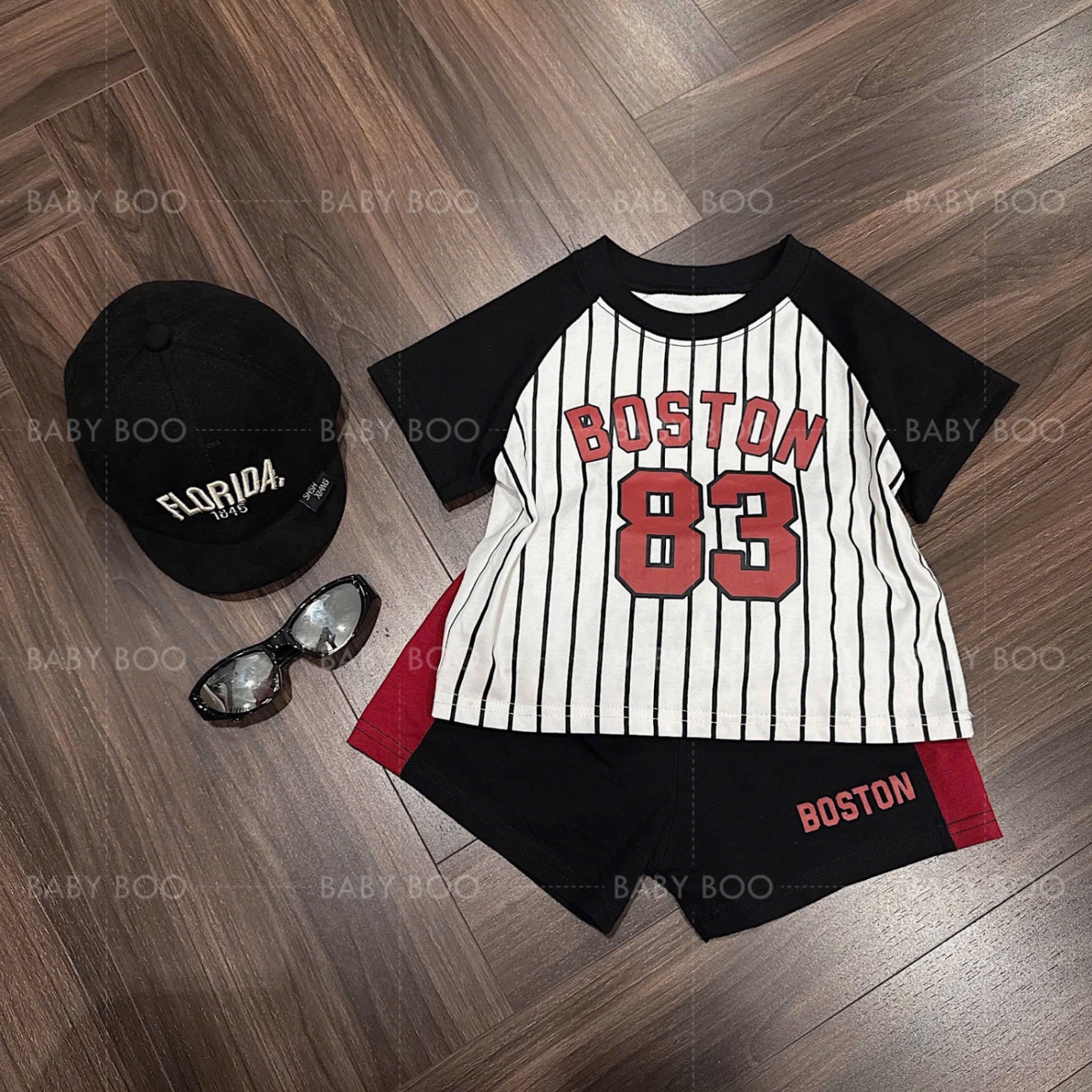 T751 - BỘ ĐÙI BÉ TRAI TRẮNG SỌC PHỐI TAY ĐEN BOSTON 83