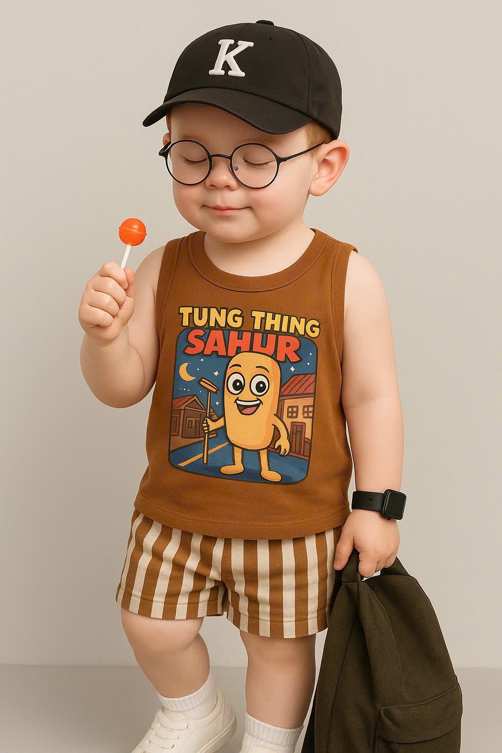 T749 - BỘ ĐÙI BÉ TRAI ÁO NÂU TUNG TUNG QUẦN SỌC
